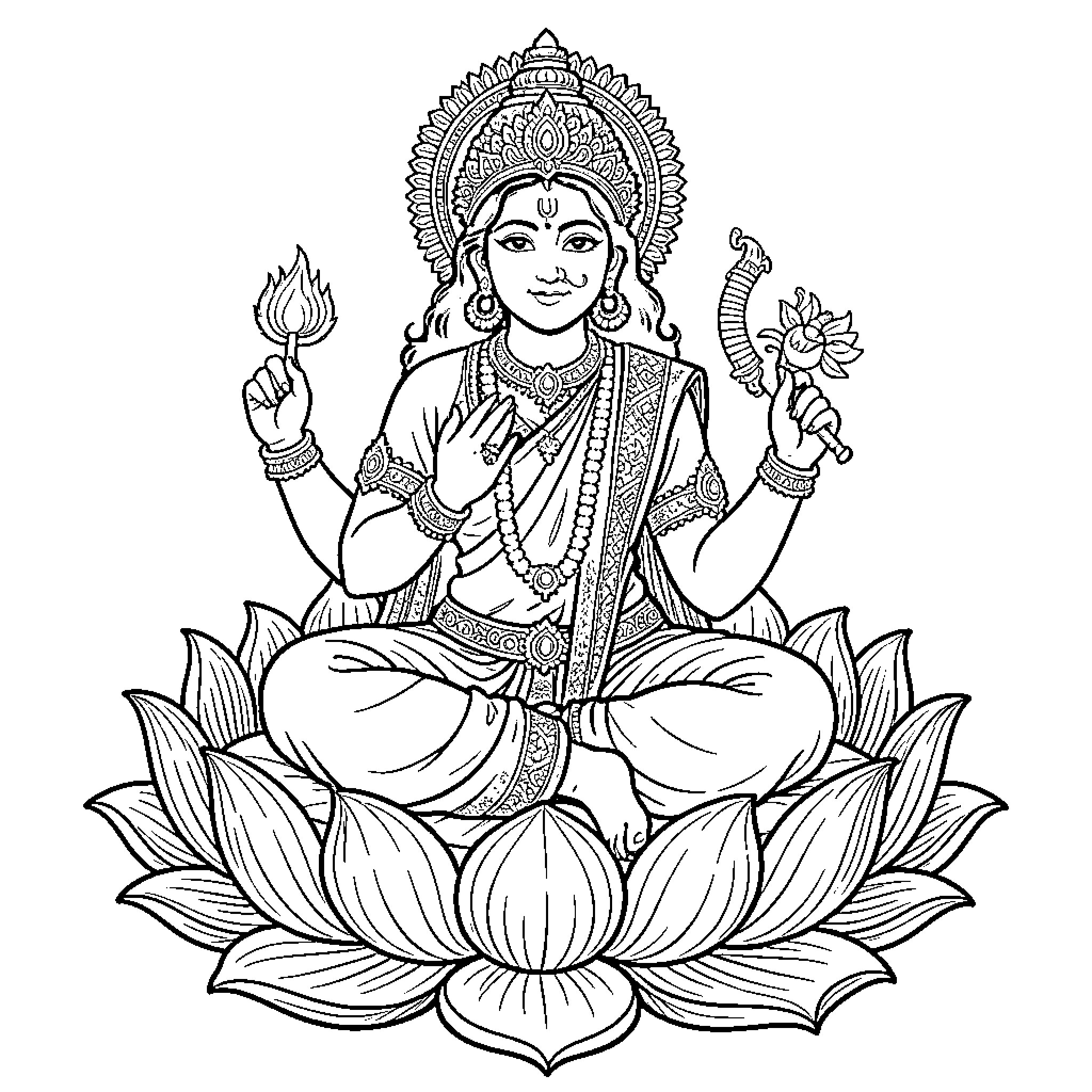 Laxmi seated in lotus pose with adornments Coloring Page (free black-and-white line drawing printable PDF for all, from beginners to advanced learners, including children, teens, adults, and seniors)