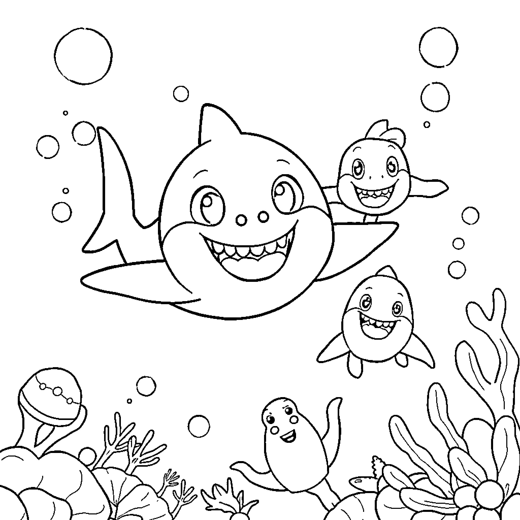 Baby Shark swimming happily with friends in the ocean Coloring Page (free black-and-white line drawing printable PDF for all, from beginners to advanced learners, including children, teens, adults, and seniors)