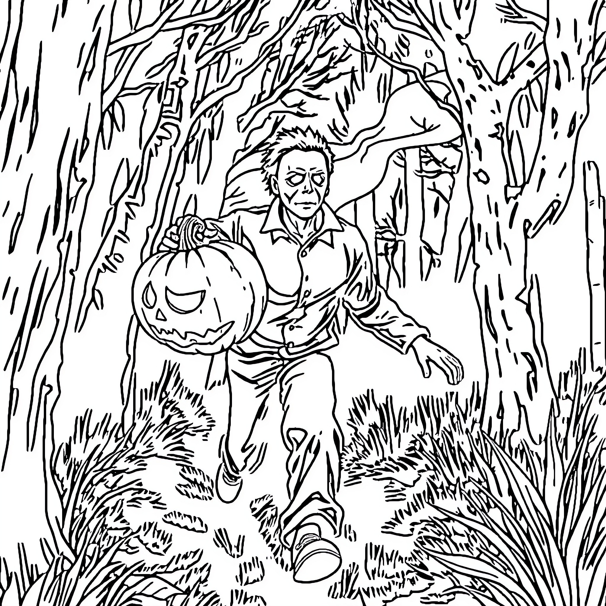Michael Myers stalking through the dark forest with pumpkin Coloring Page (free black-and-white line drawing printable PDF for all, from beginners to advanced learners, including children, teens, adults, and seniors)