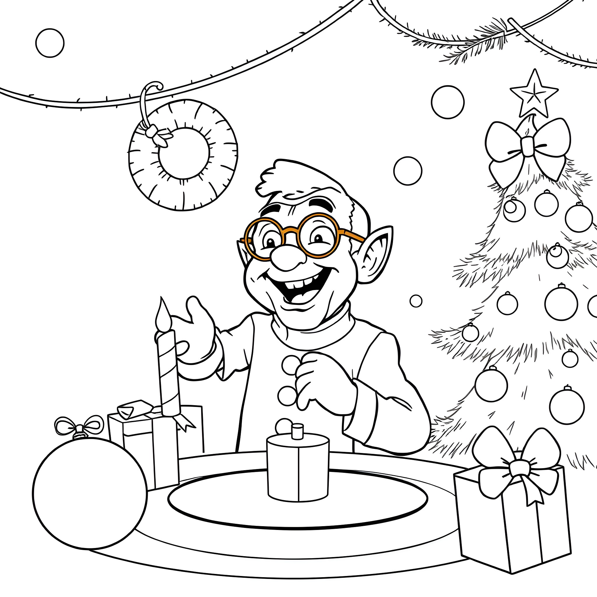 Ferengi enjoying festive holiday decor and gifts Coloring Page (free black-and-white line drawing printable PDF for all, from beginners to advanced learners, including children, teens, adults, and seniors)