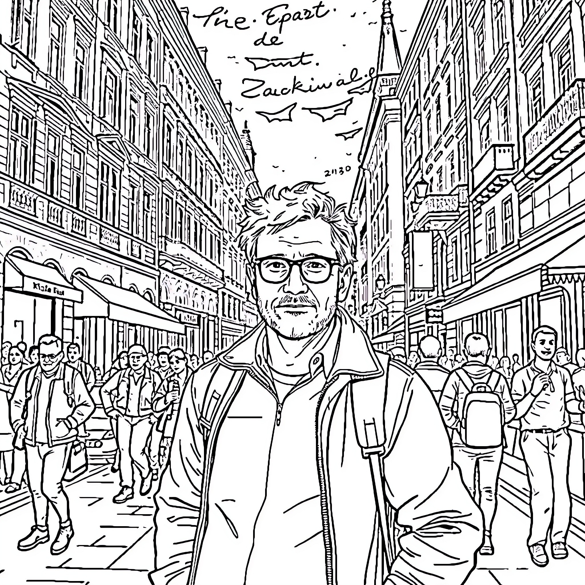 Nikola Mišković exploring the bustling streets Coloring Page (free black-and-white line drawing printable PDF for all, from beginners to advanced learners, including children, teens, adults, and seniors)