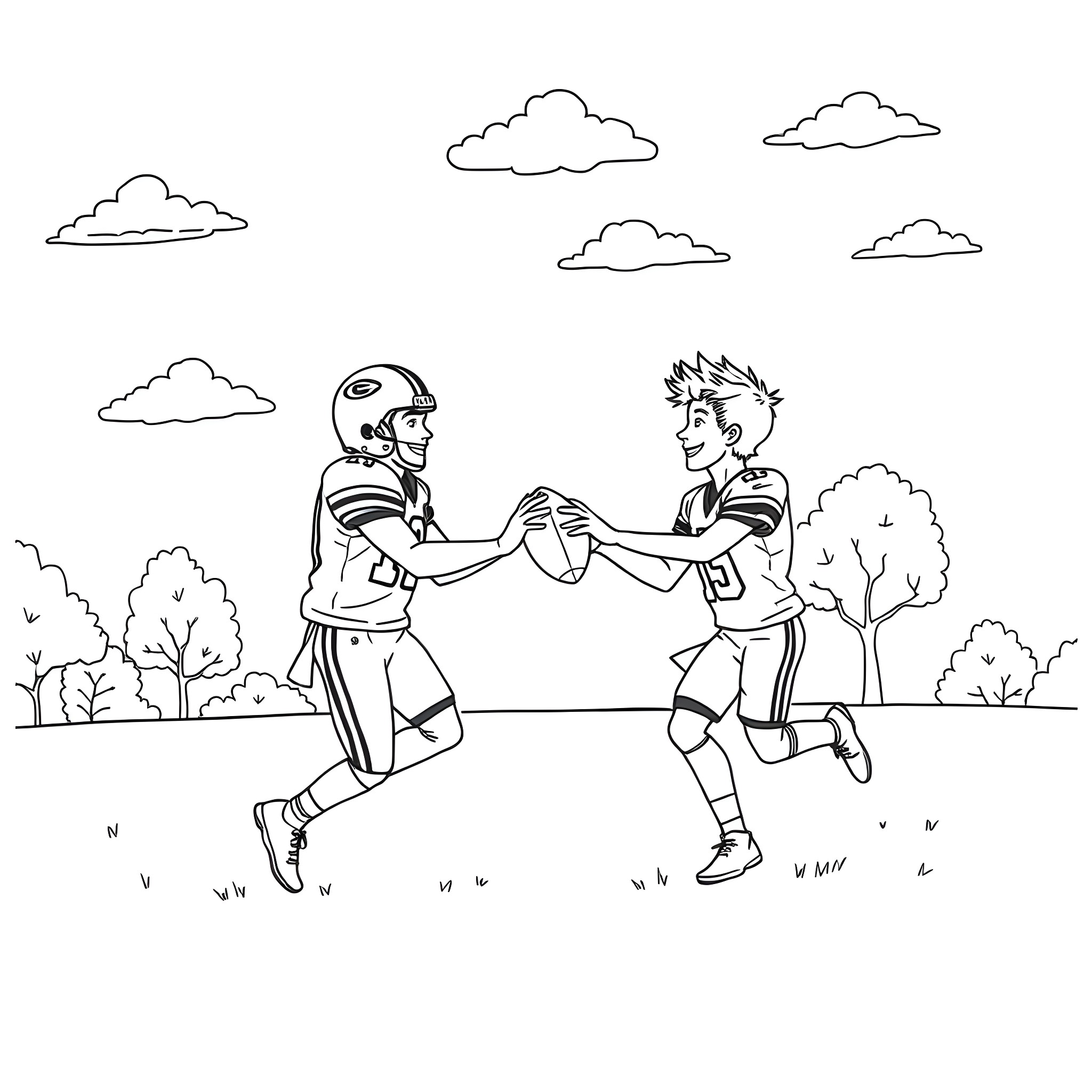Patrick Mahomes exchanging a handshake with a fellow football player Coloring Page (free black-and-white line drawing printable PDF for all, from beginners to advanced learners, including children, teens, adults, and seniors)