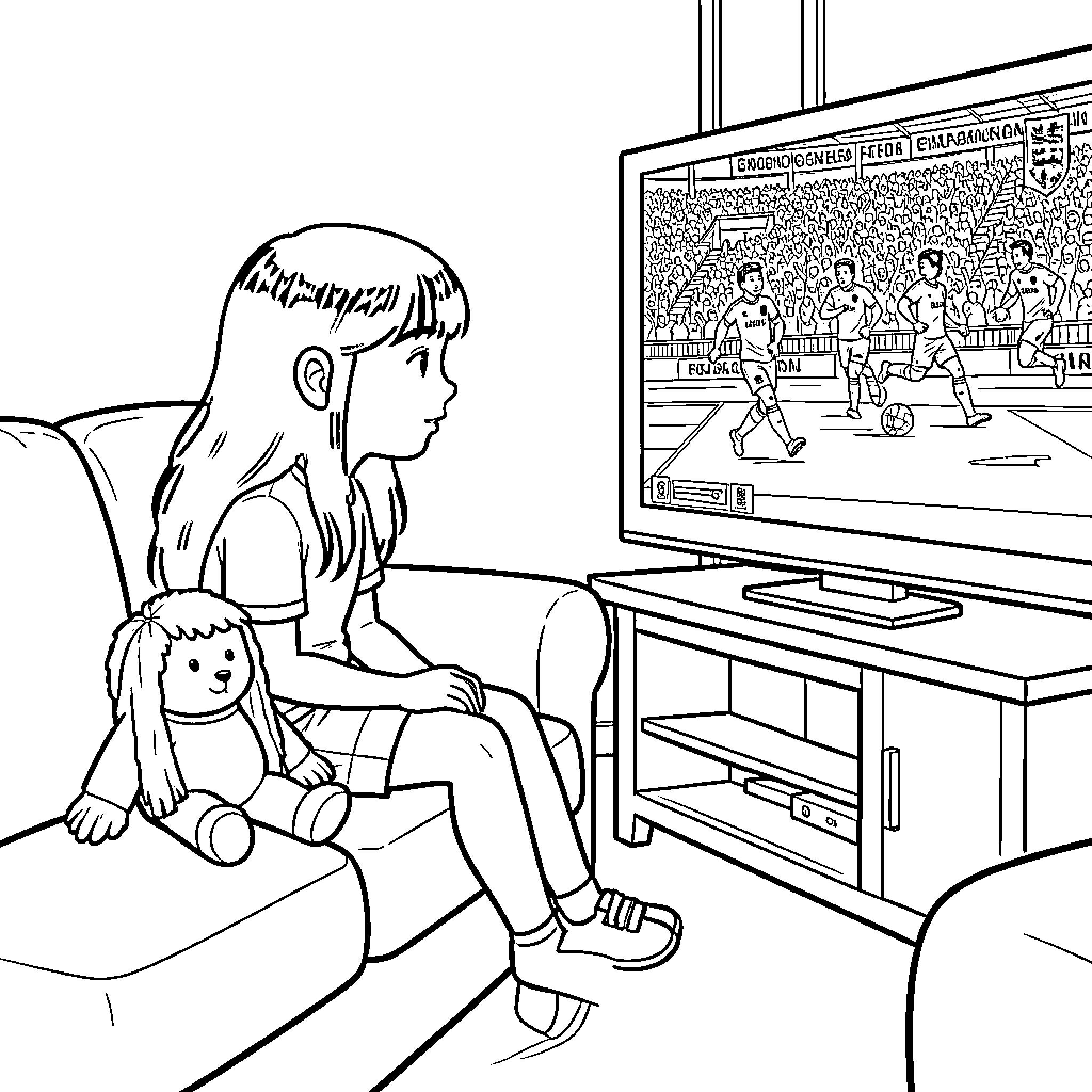 Daughter watching a soccer match on television Coloring Page (free black-and-white line drawing printable PDF for all, from beginners to advanced learners, including children, teens, adults, and seniors)