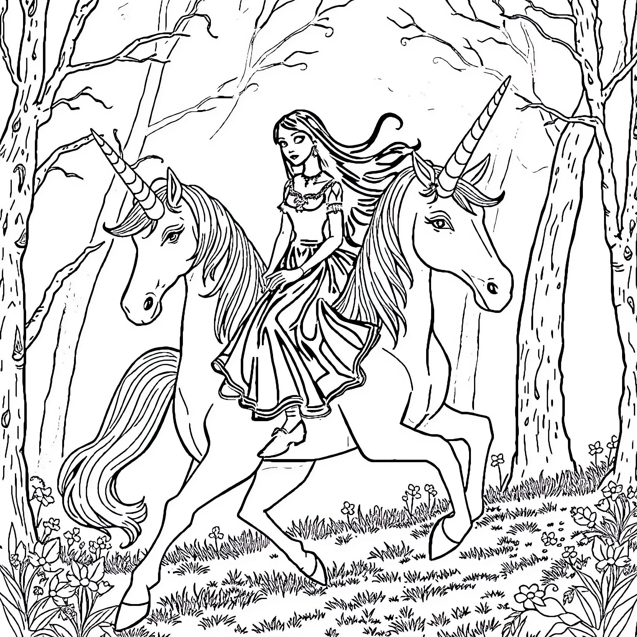 Wednesday Addams riding a majestic unicorn through a fantasy forest Coloring Page (free black-and-white line drawing printable PDF for all, from beginners to advanced learners, including children, teens, adults, and seniors)