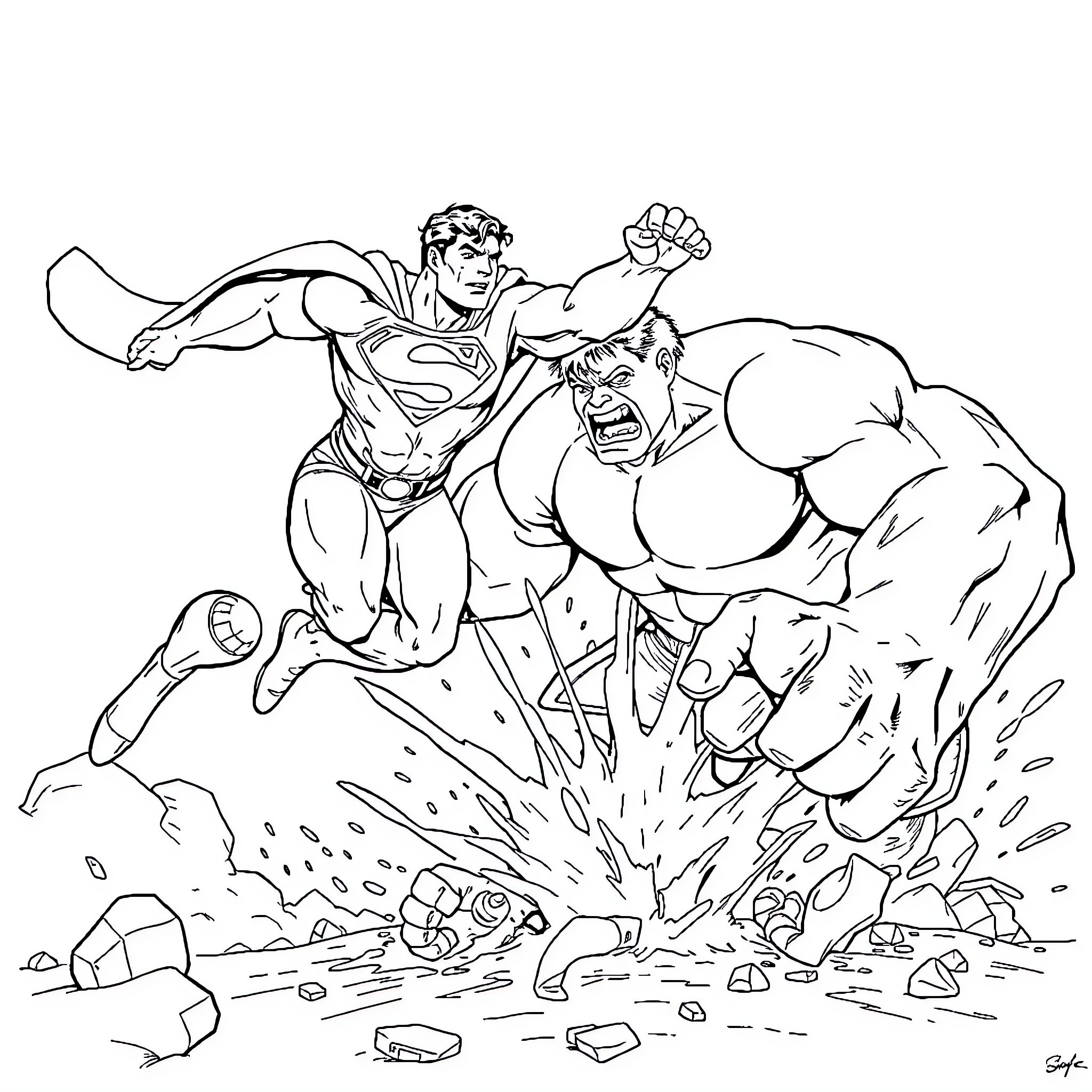 Superman battles a powerful foe in an intense clash Coloring Page (free black-and-white line drawing printable PDF for all, from beginners to advanced learners, including children, teens, adults, and seniors)