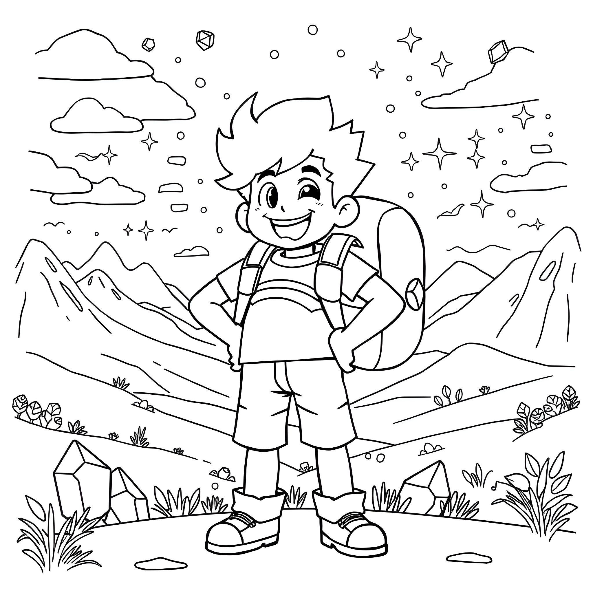 Steven Universe enjoying the nature scenery Coloring Page (free black-and-white line drawing printable PDF for all, from beginners to advanced learners, including children, teens, adults, and seniors)