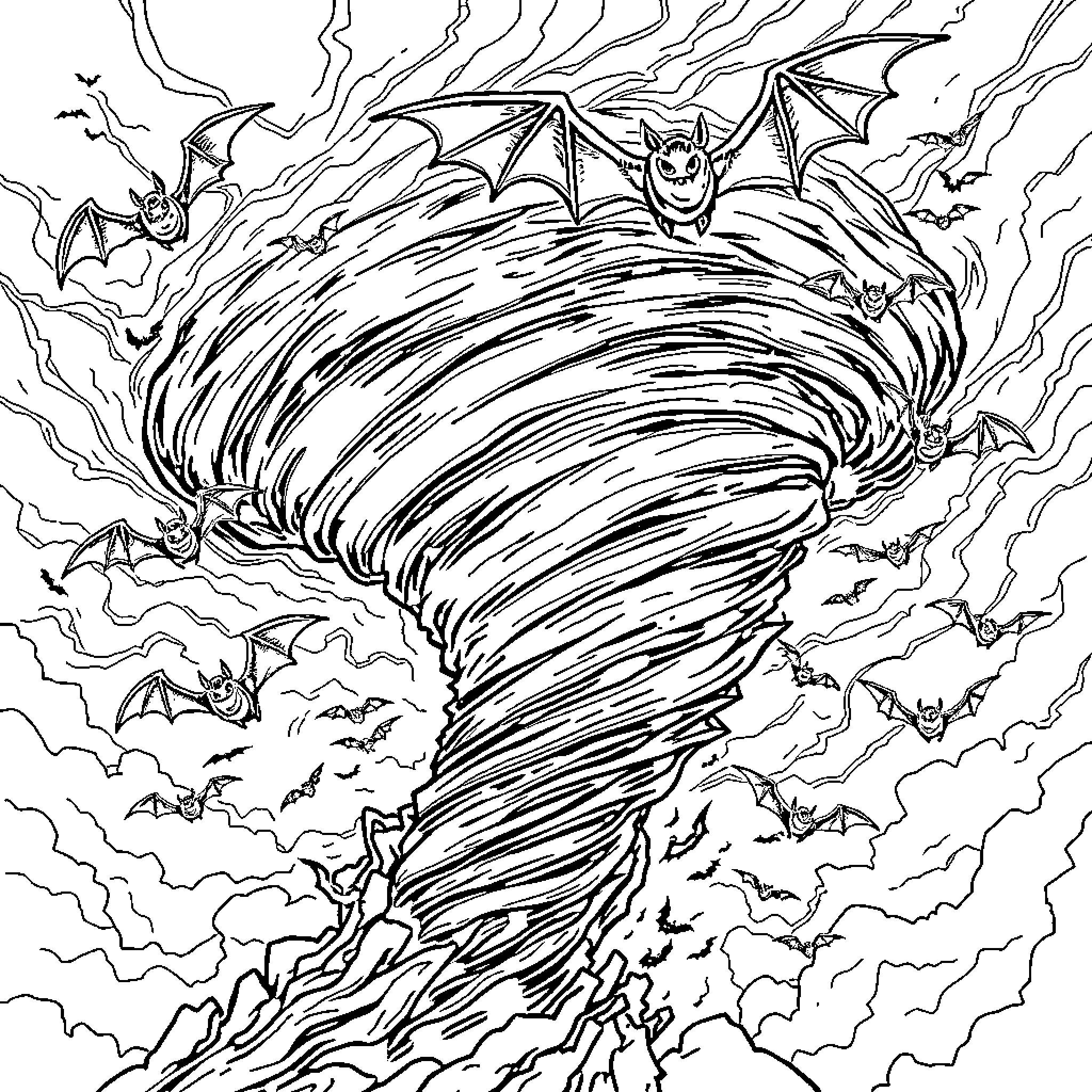 Tornado of bats and spooky scenes Coloring Page (free black-and-white line drawing printable PDF for all, from beginners to advanced learners, including children, teens, adults, and seniors)