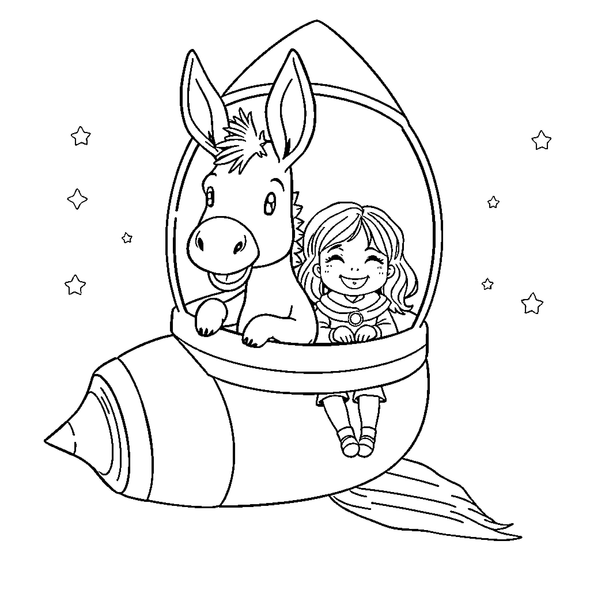 Donkey and girl riding in a rocket ship Coloring Page (free black-and-white line drawing printable PDF for all, from beginners to advanced learners, including children, teens, adults, and seniors)