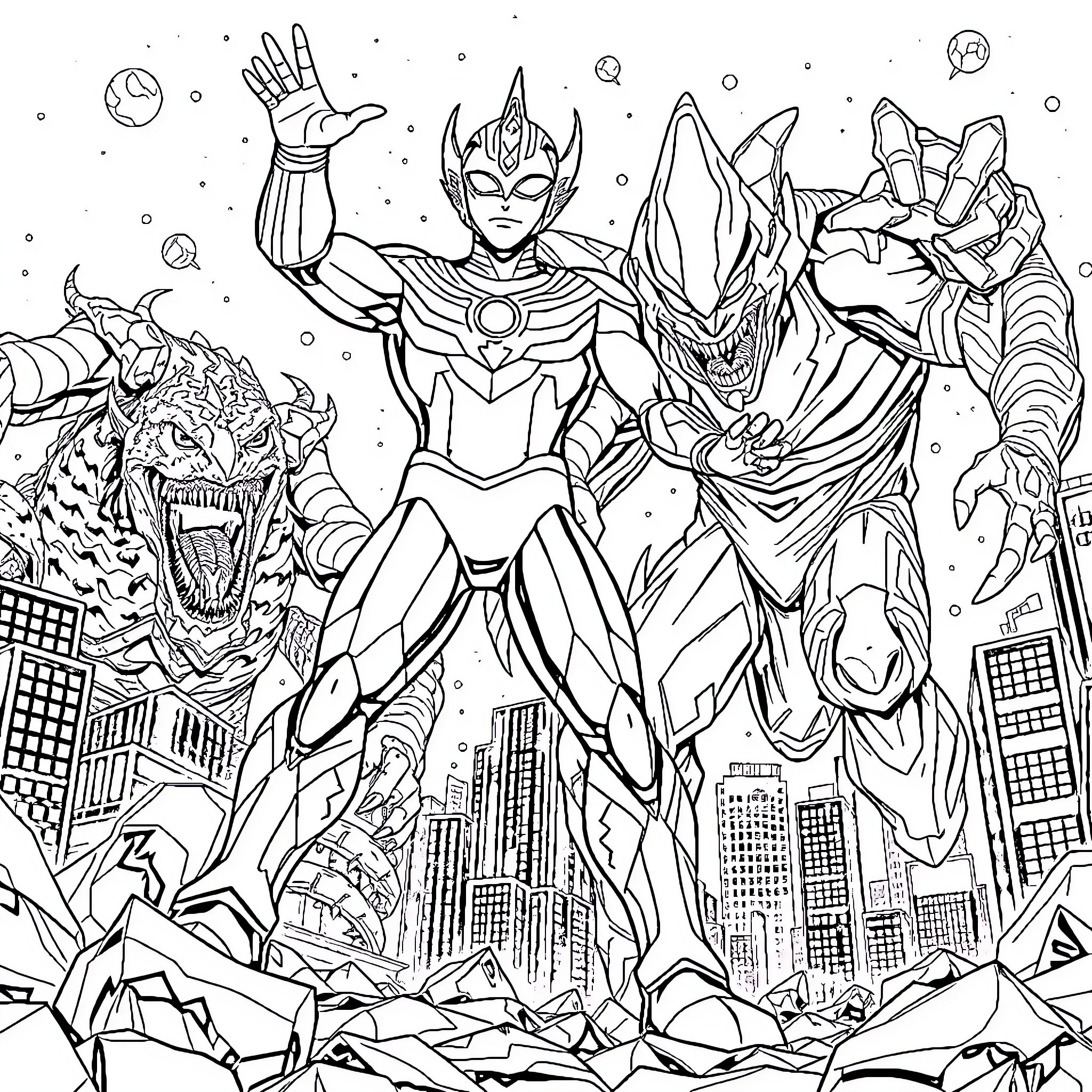 Ultraman battling giant monsters in the city Coloring Page (free black-and-white line drawing printable PDF for all, from beginners to advanced learners, including children, teens, adults, and seniors)