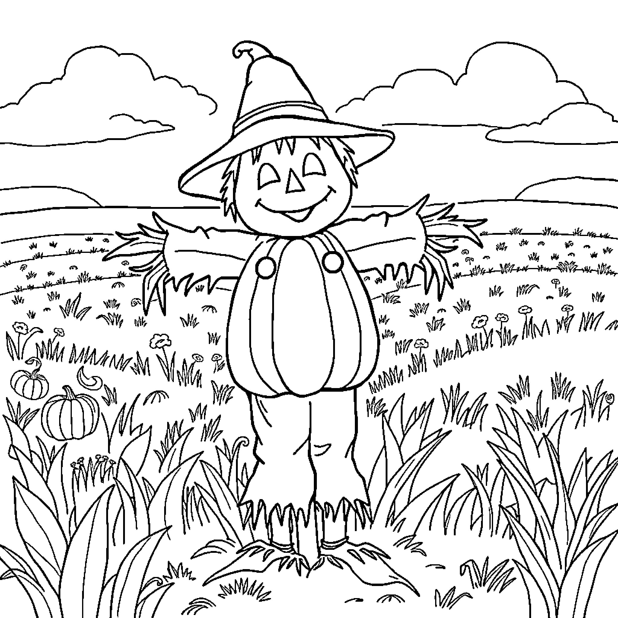 Scarecrow standing joyfully in a field of pumpkins and flowers Coloring Page (free black-and-white line drawing printable PDF for all, from beginners to advanced learners, including children, teens, adults, and seniors)