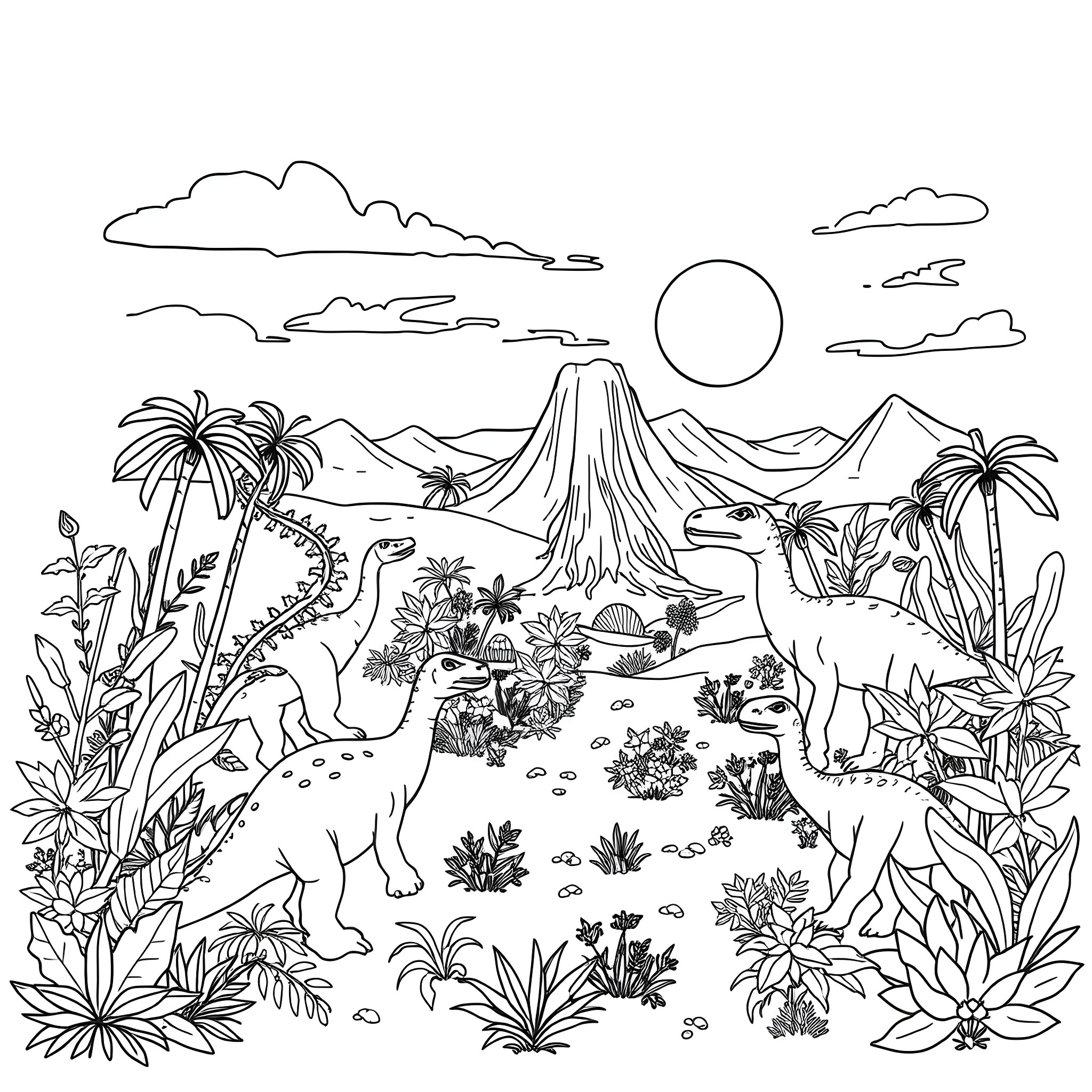 Dinosaurs roaming through lush prehistoric landscape Coloring Page (free black-and-white line drawing printable PDF for all, from beginners to advanced learners, including children, teens, adults, and seniors)
