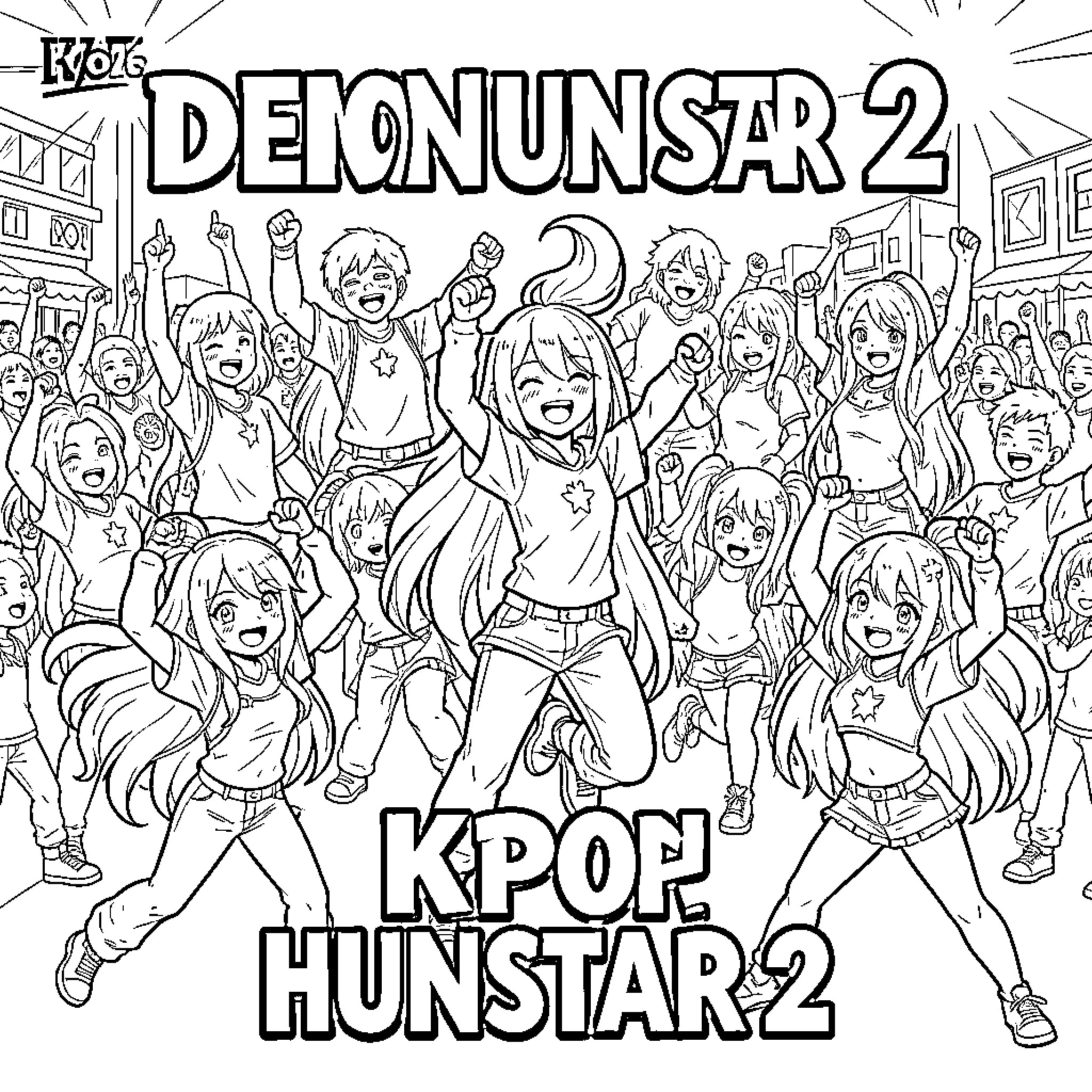 Demon pop stars dancing joyfully in a crowd Coloring Page (free black-and-white line drawing printable PDF for all, from beginners to advanced learners, including children, teens, adults, and seniors)