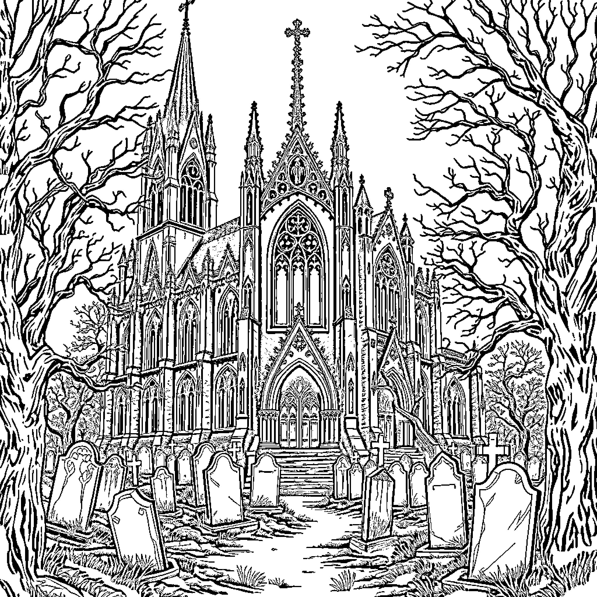 Gothic Church with Towering Spires and Tombstones Coloring Page (free black-and-white line drawing printable PDF for all, from beginners to advanced learners, including children, teens, adults, and seniors)