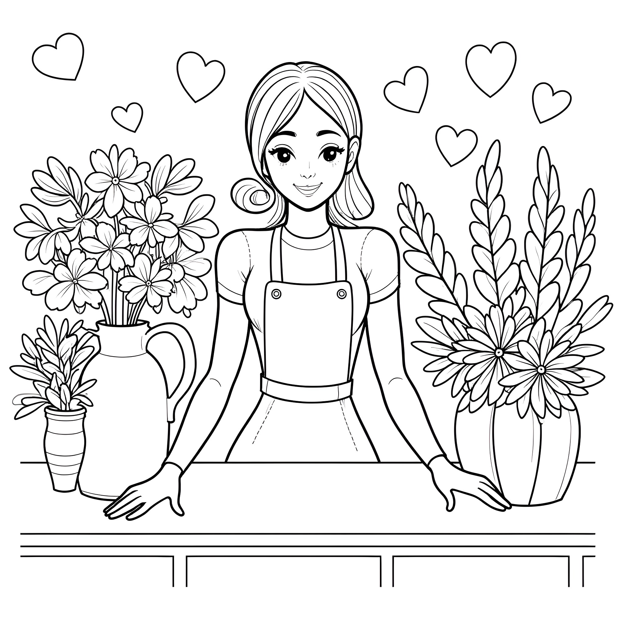 Florist arranging bouquets of flowers with hearts Coloring Page (free black-and-white line drawing printable PDF for all, from beginners to advanced learners, including children, teens, adults, and seniors)