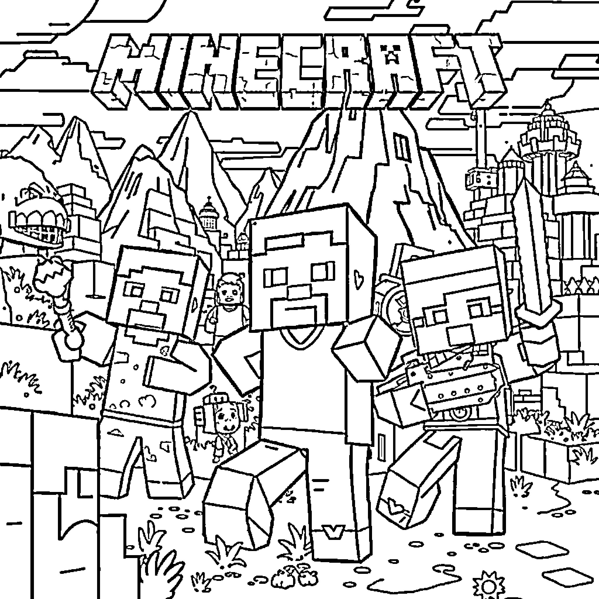 Minecraft Character Adventures in a Fantastical Landscape Coloring Page (free black-and-white line drawing printable PDF for all, from beginners to advanced learners, including children, teens, adults, and seniors)
