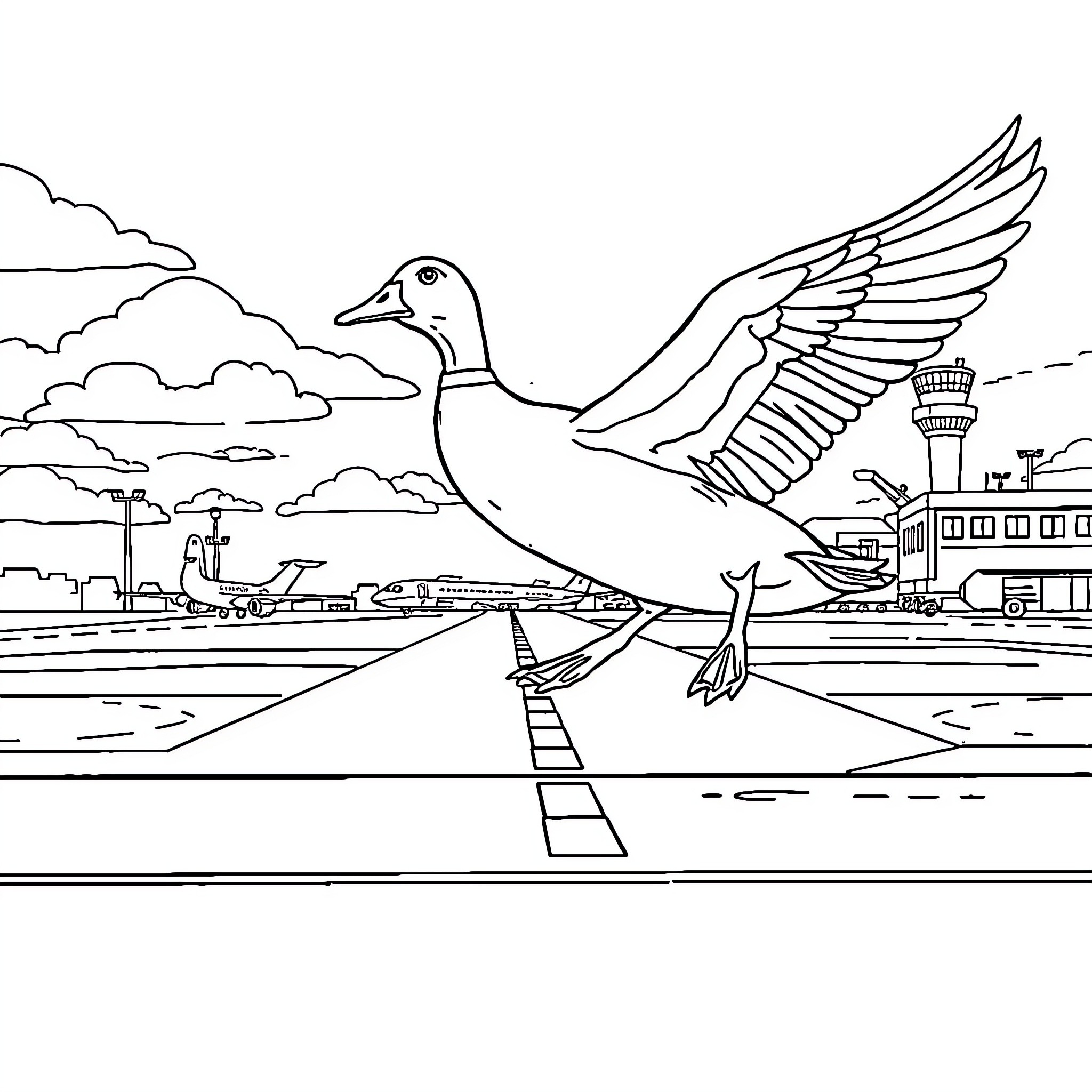 Duck taking flight at the airport runway Coloring Page (free black-and-white line drawing printable PDF for all, from beginners to advanced learners, including children, teens, adults, and seniors)