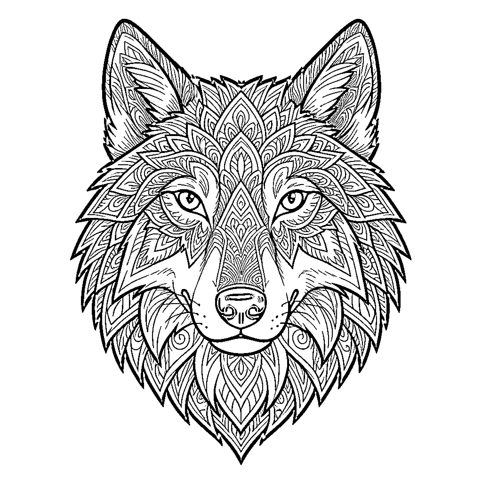 Wolf with intricate mandala pattern facial features Coloring Page (free black-and-white line drawing printable PDF for all, from beginners to advanced learners, including children, teens, adults, and seniors)