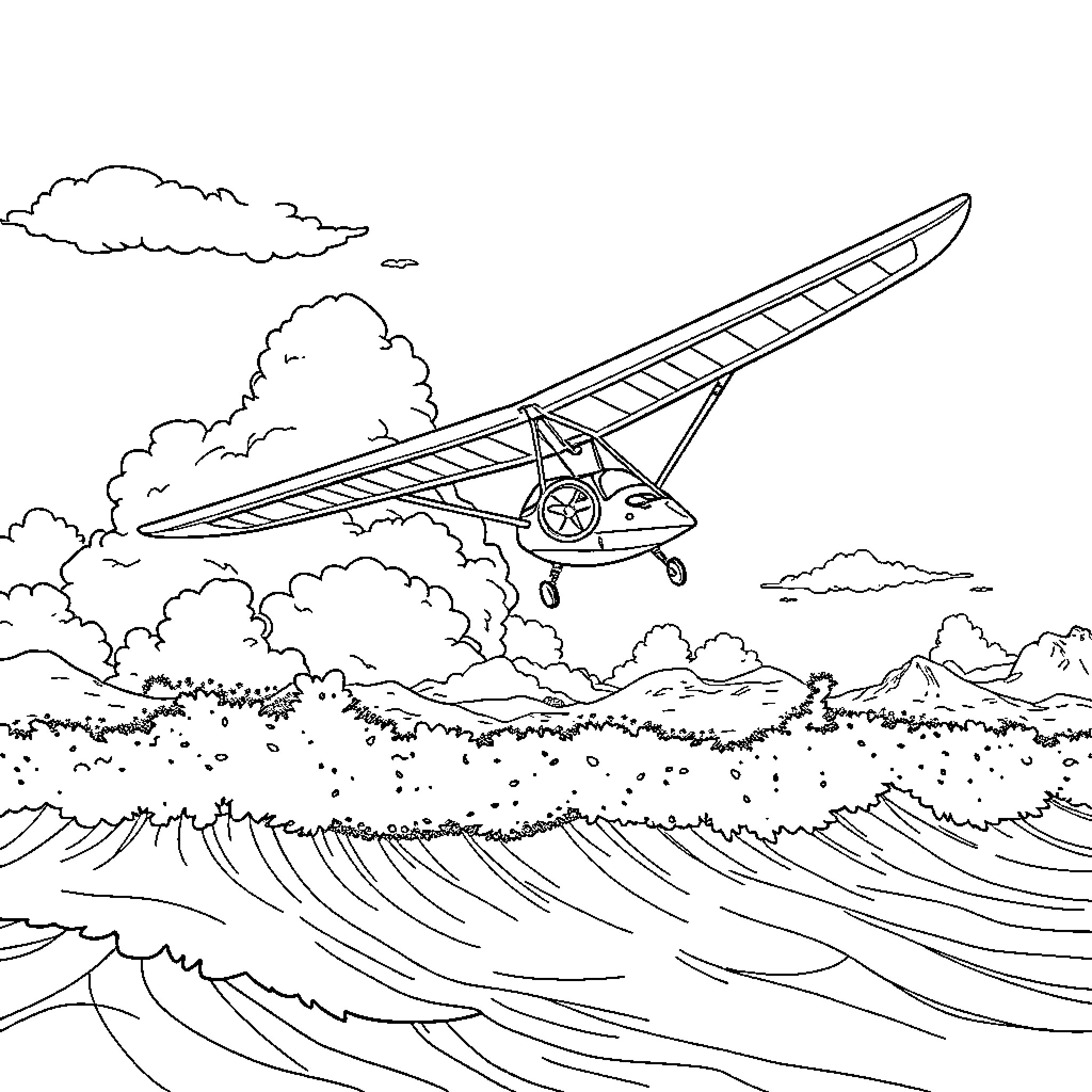 Glider soaring over ocean waves and mountains Coloring Page (free black-and-white line drawing printable PDF for all, from beginners to advanced learners, including children, teens, adults, and seniors)