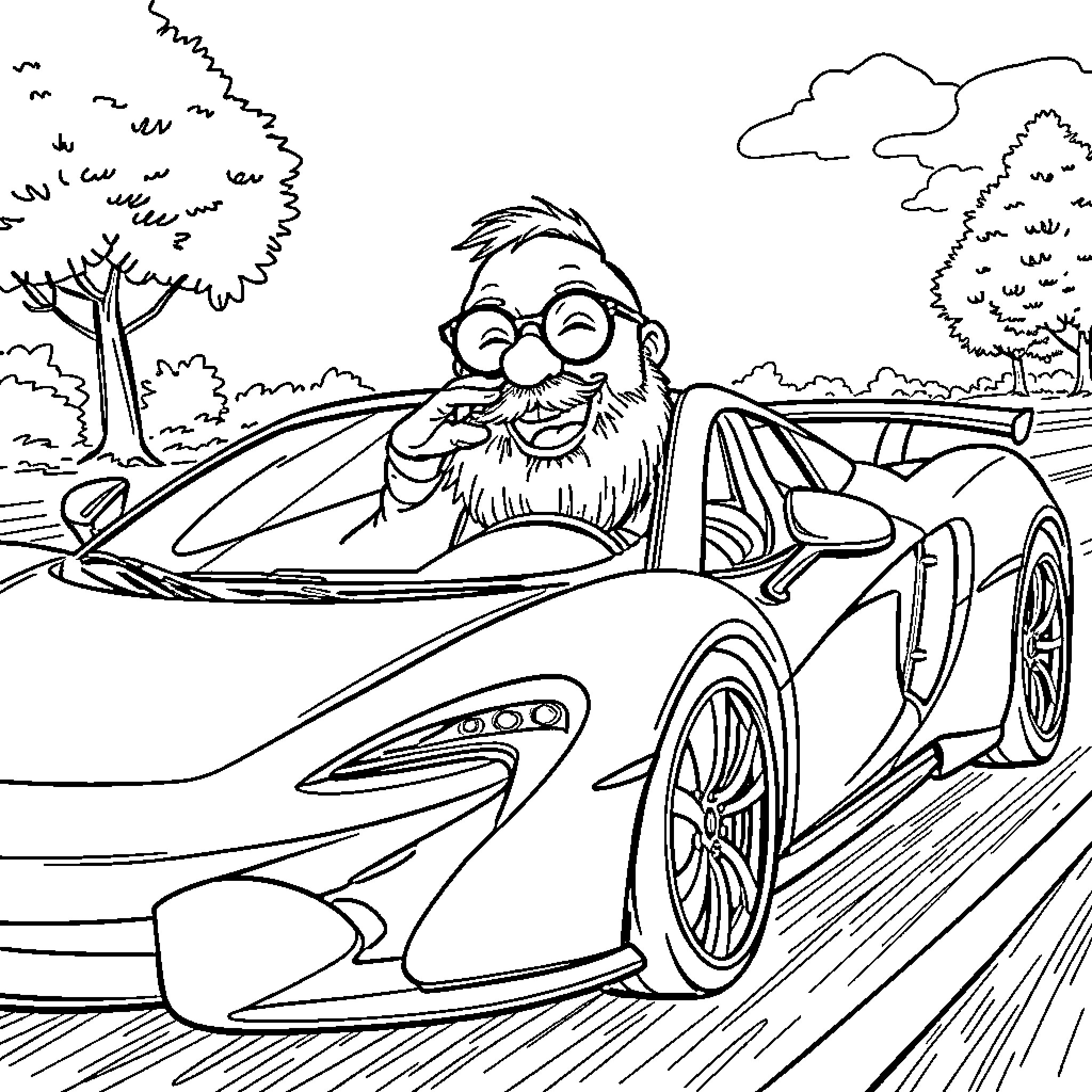 Man driving sports car through scenic landscape Coloring Page (free black-and-white line drawing printable PDF for all, from beginners to advanced learners, including children, teens, adults, and seniors)