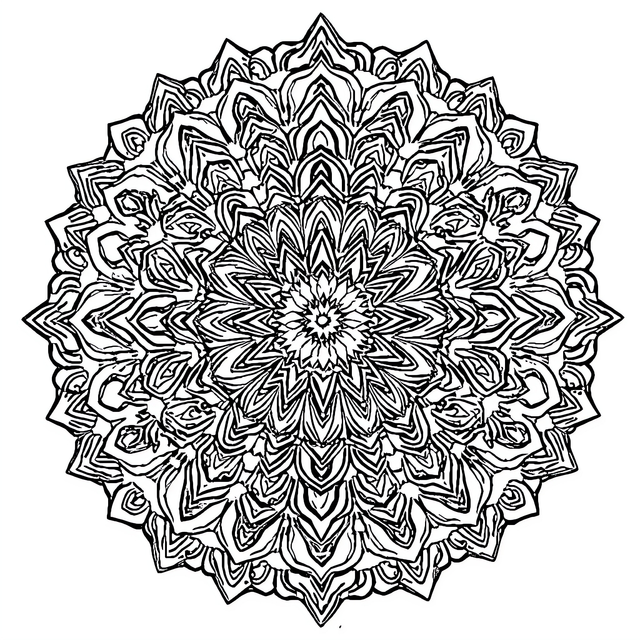 Mandala of intricate floral designs Coloring Page (free black-and-white line drawing printable PDF for all, from beginners to advanced learners, including children, teens, adults, and seniors)