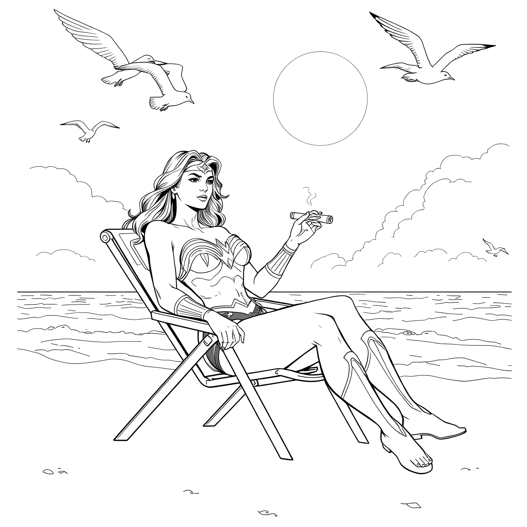 Wonder Woman relaxing on the beach with seagulls Coloring Page (free black-and-white line drawing printable PDF for all, from beginners to advanced learners, including children, teens, adults, and seniors)