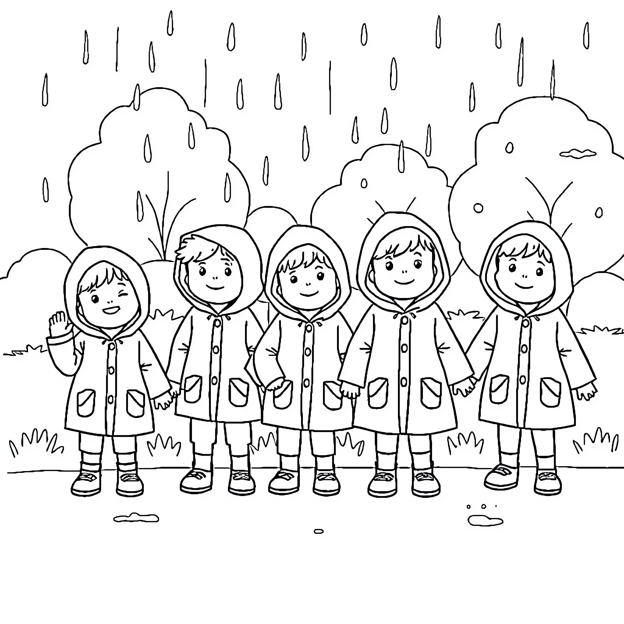 Child playing happily in the rain Coloring Page (free black-and-white line drawing printable PDF for all, from beginners to advanced learners, including children, teens, adults, and seniors)
