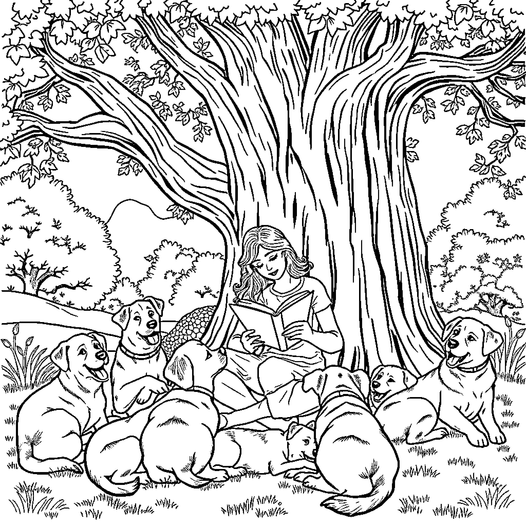 Woman reading book surrounded by playful dogs Coloring Page (free black-and-white line drawing printable PDF for all, from beginners to advanced learners, including children, teens, adults, and seniors)