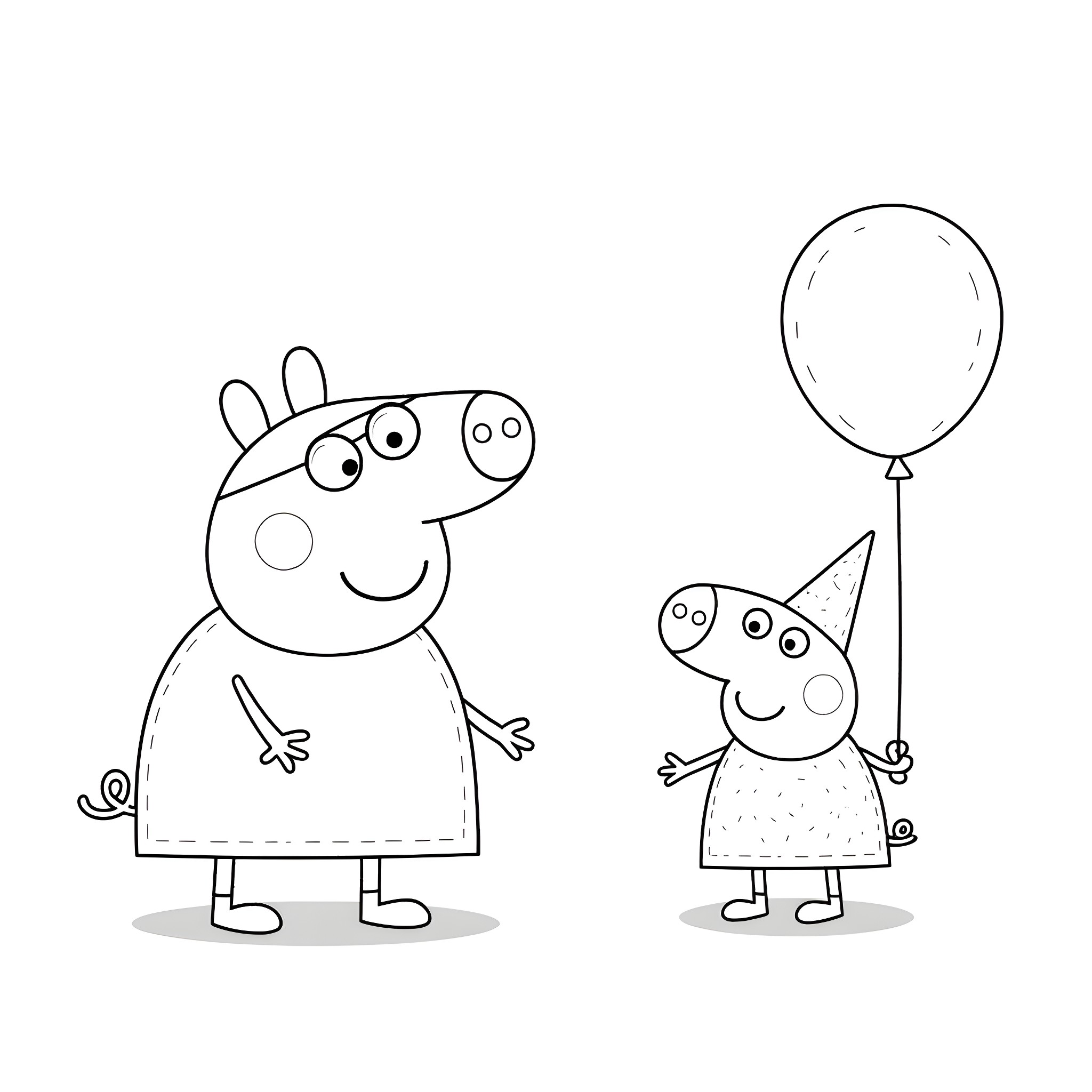Peppa Pig and her friend celebrate with a balloon Coloring Page (free black-and-white line drawing printable PDF for all, from beginners to advanced learners, including children, teens, adults, and seniors)