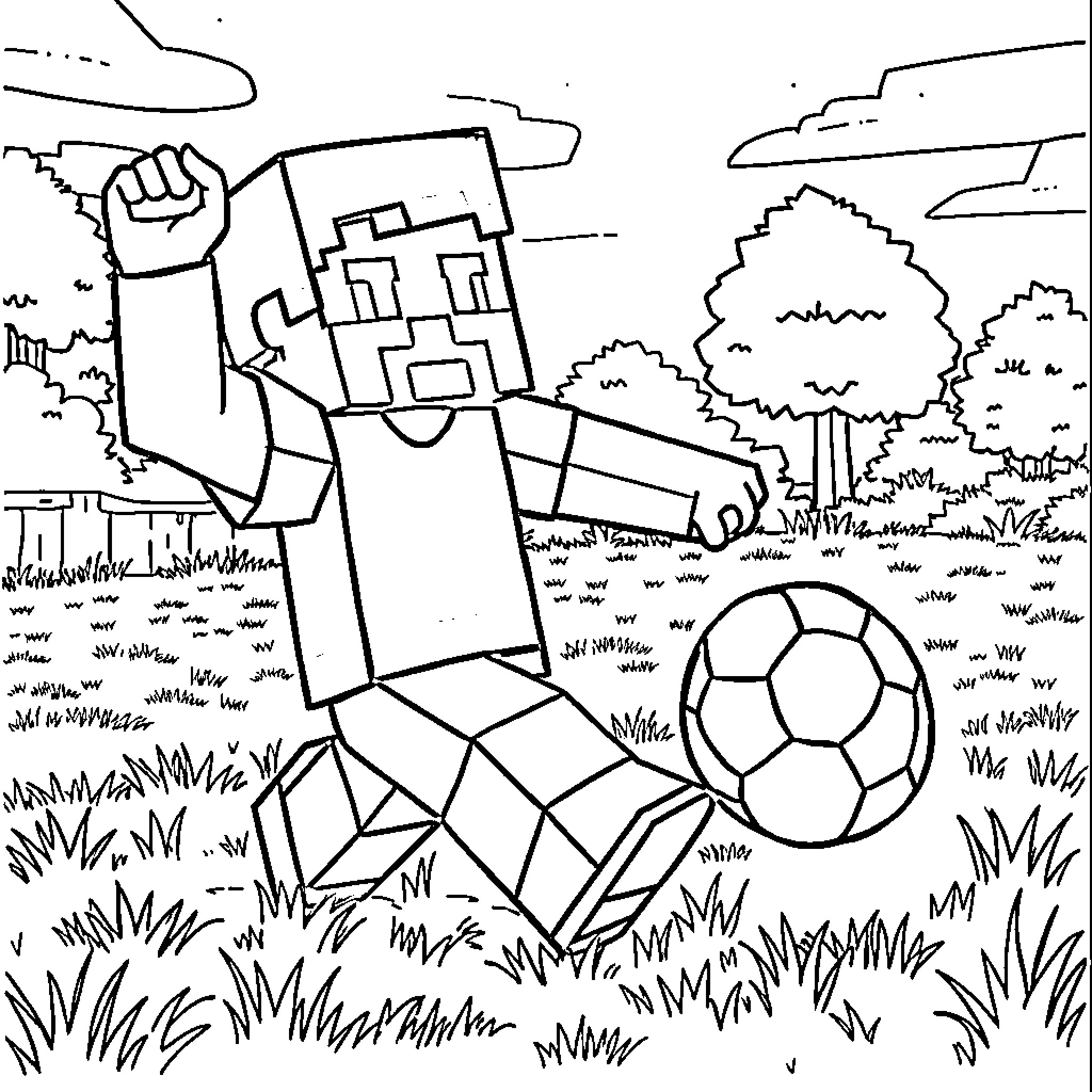 Steve playing with soccer ball in the park Coloring Page (free black-and-white line drawing printable PDF for all, from beginners to advanced learners, including children, teens, adults, and seniors)