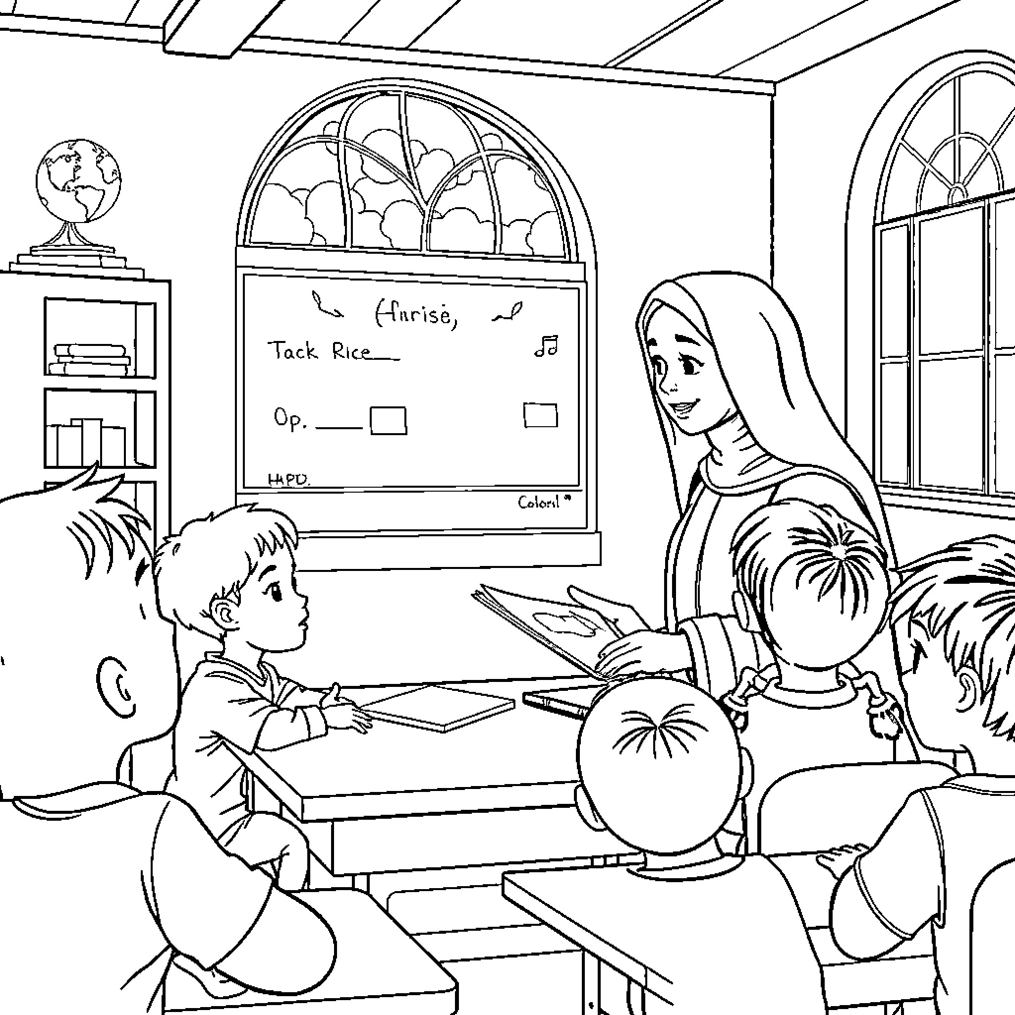 Sister Teaches Students in Classroom Coloring Page (free black-and-white line drawing printable PDF for all, from beginners to advanced learners, including children, teens, adults, and seniors)