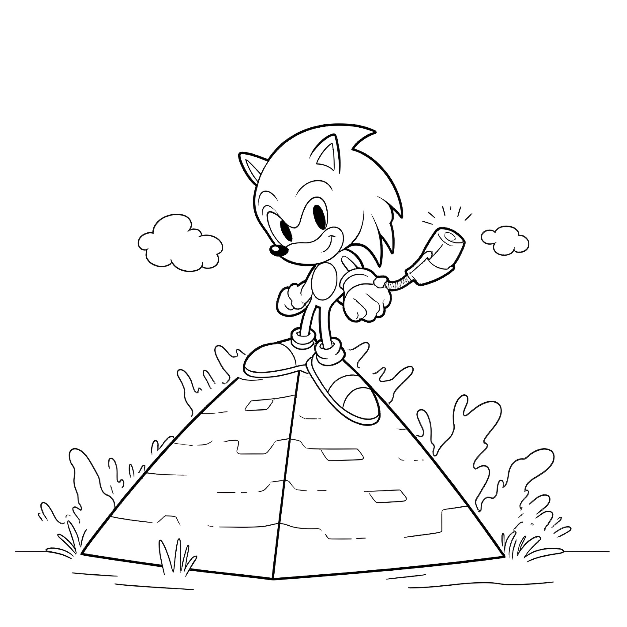 Sonic adventuring on a rocky hill Coloring Page (free black-and-white line drawing printable PDF for all, from beginners to advanced learners, including children, teens, adults, and seniors)
