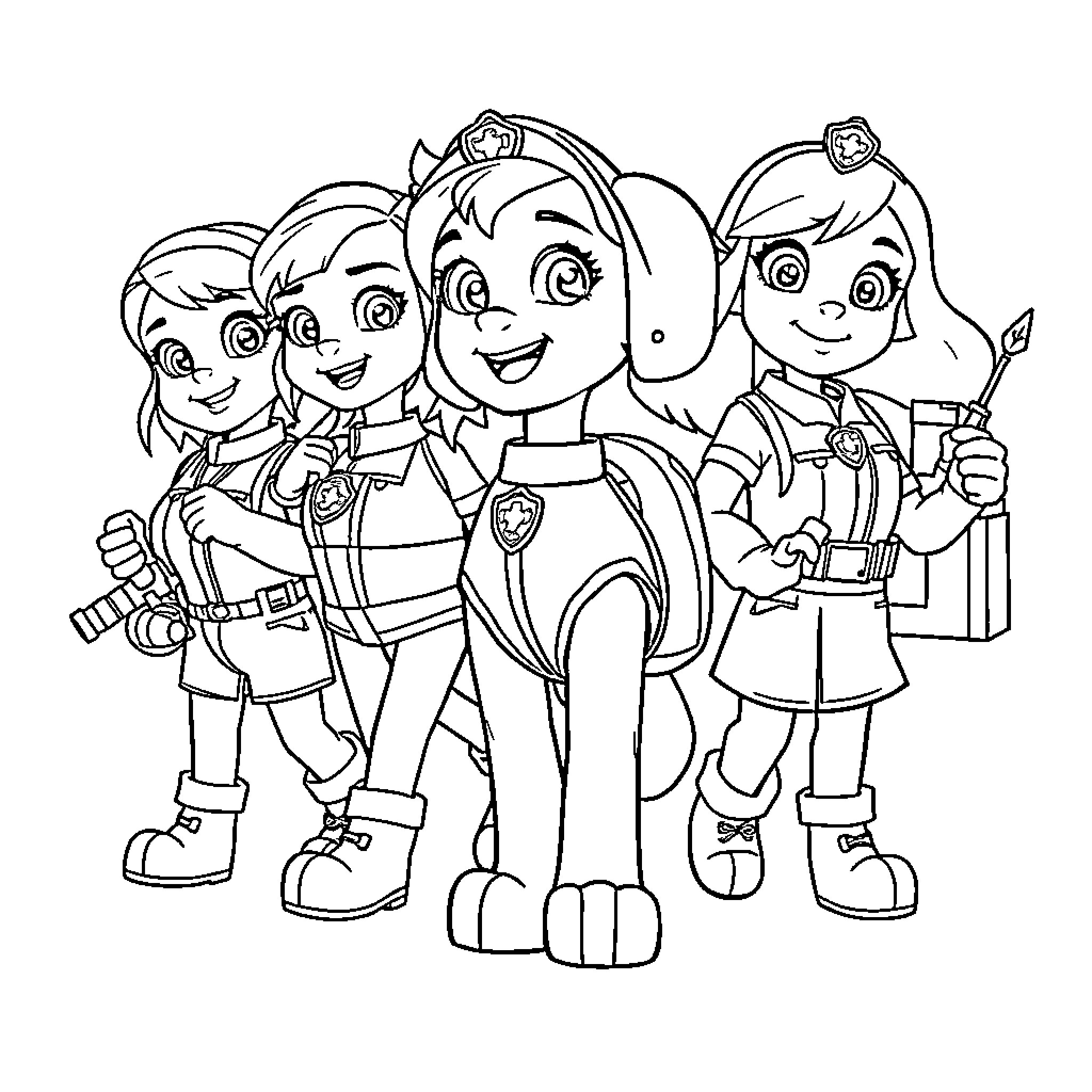 Paw Patrol Pups Ready for Adventure Coloring Page (free black-and-white line drawing printable PDF for all, from beginners to advanced learners, including children, teens, adults, and seniors)