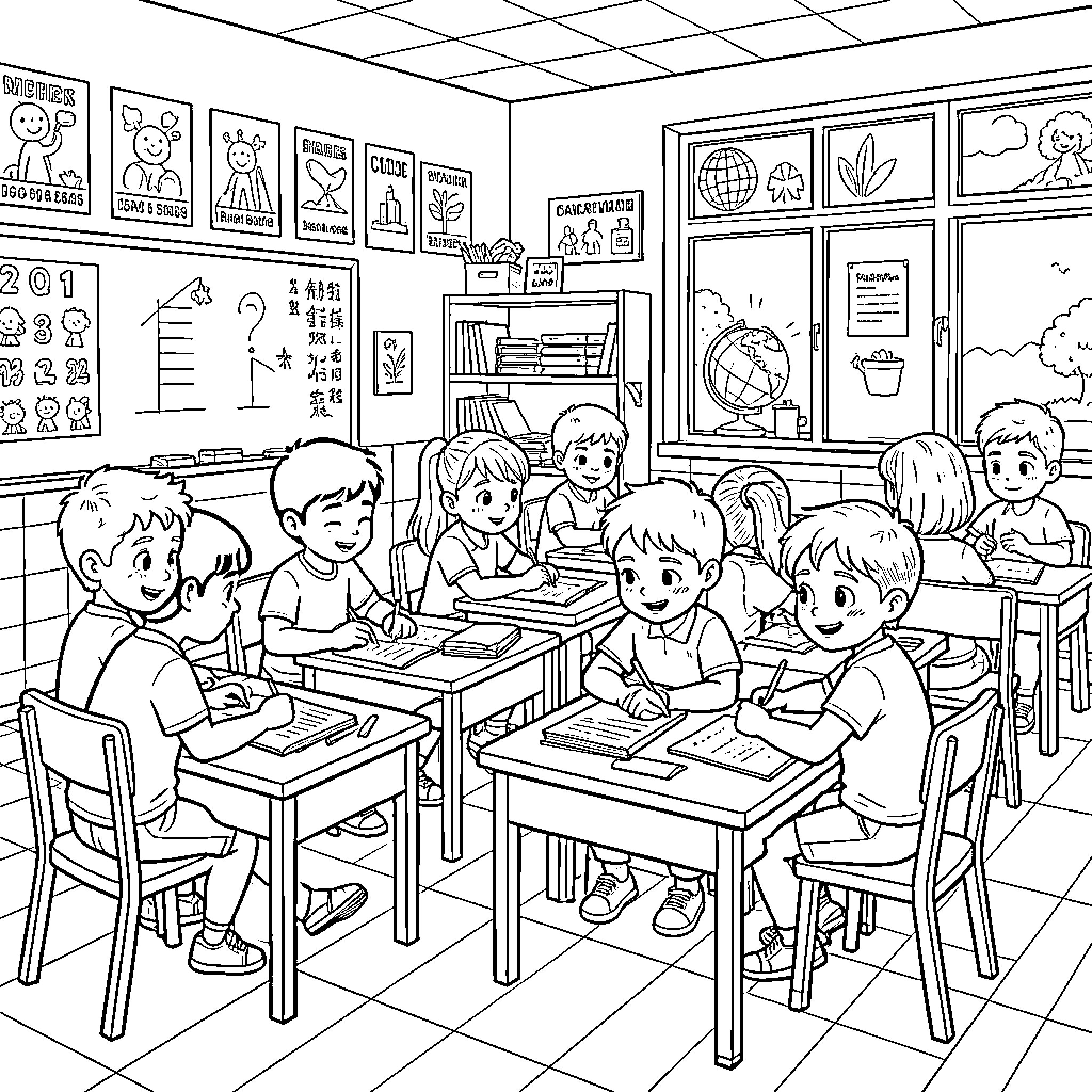 Child students studying together in a classroom Coloring Page (free black-and-white line drawing printable PDF for all, from beginners to advanced learners, including children, teens, adults, and seniors)