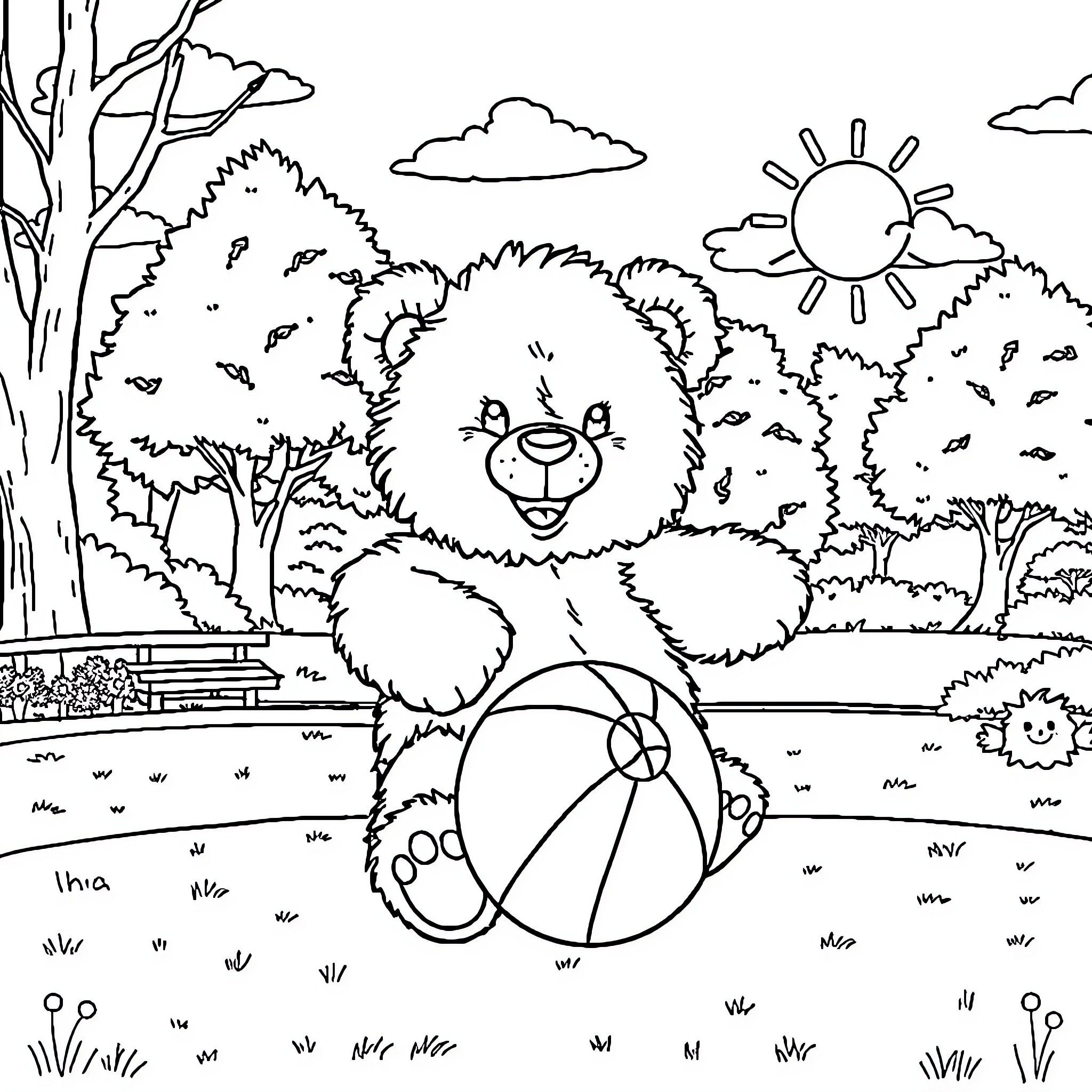 Teddy Bear Playing with Beach Ball in the Park Coloring Page (free black-and-white line drawing printable PDF for all, from beginners to advanced learners, including children, teens, adults, and seniors)