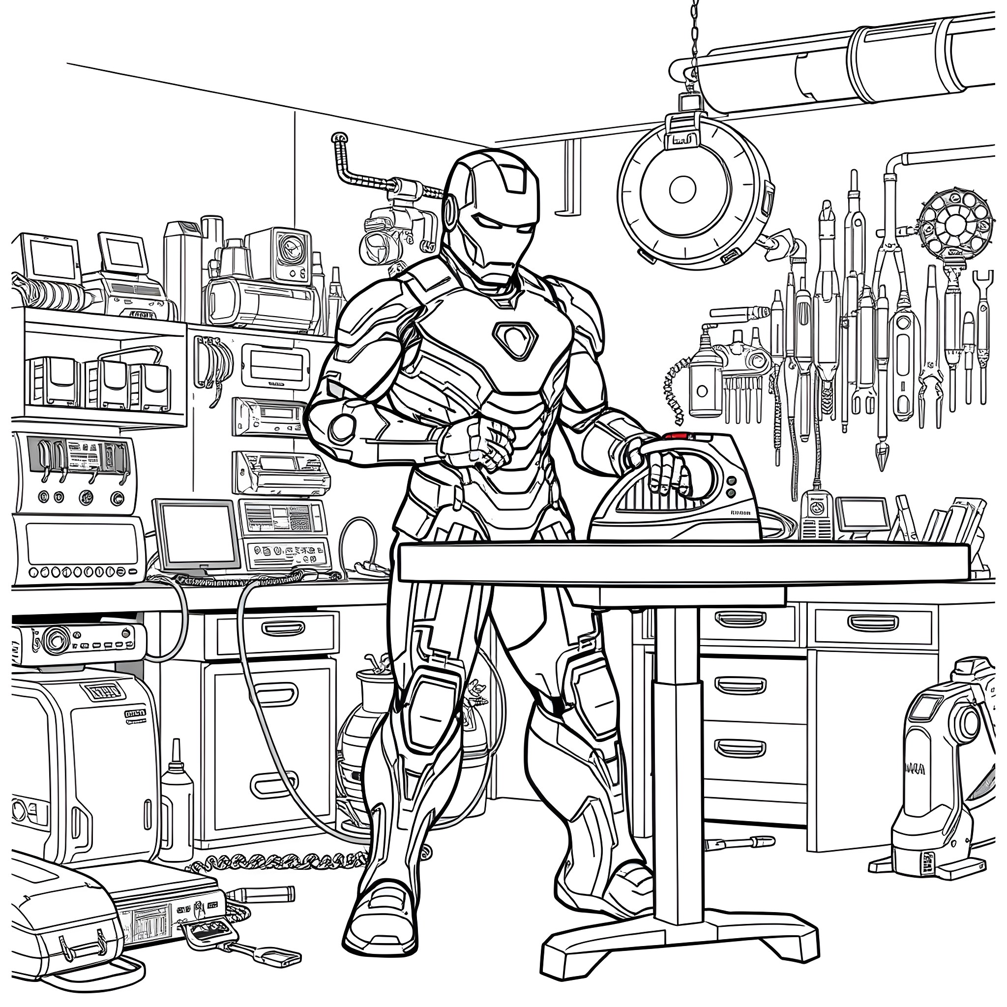 Iron Man working on gadgets in his high-tech lab Coloring Page (free black-and-white line drawing printable PDF for all, from beginners to advanced learners, including children, teens, adults, and seniors)