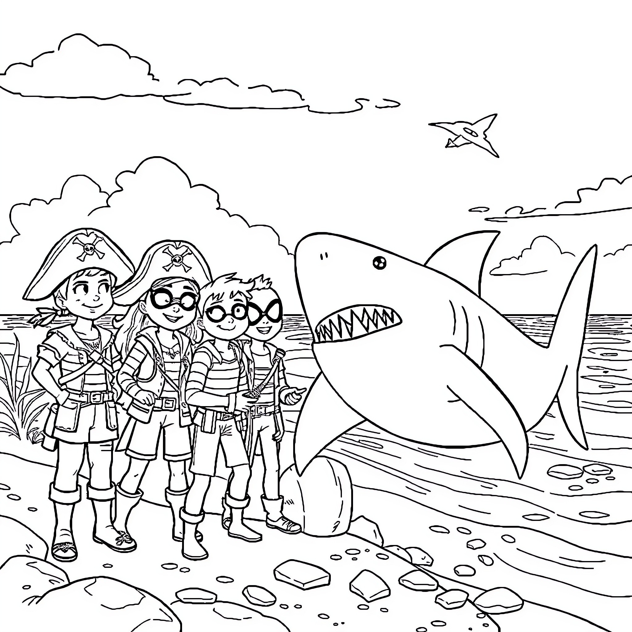Spidey and friends in a pirate adventure Coloring Page (free black-and-white line drawing printable PDF for all, from beginners to advanced learners, including children, teens, adults, and seniors)