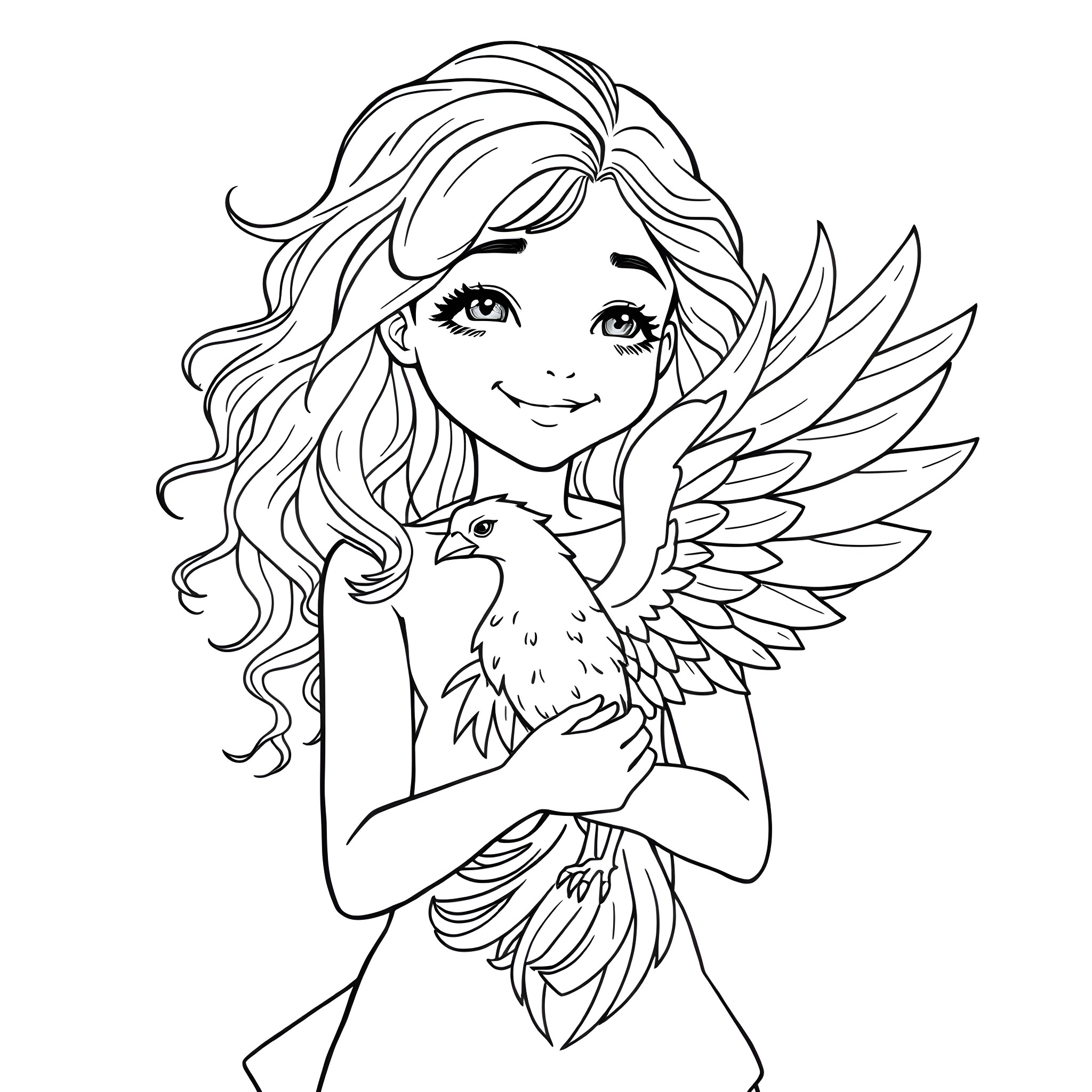 Girl with winged pet embracing compassionately Coloring Page (free black-and-white line drawing printable PDF for all, from beginners to advanced learners, including children, teens, adults, and seniors)