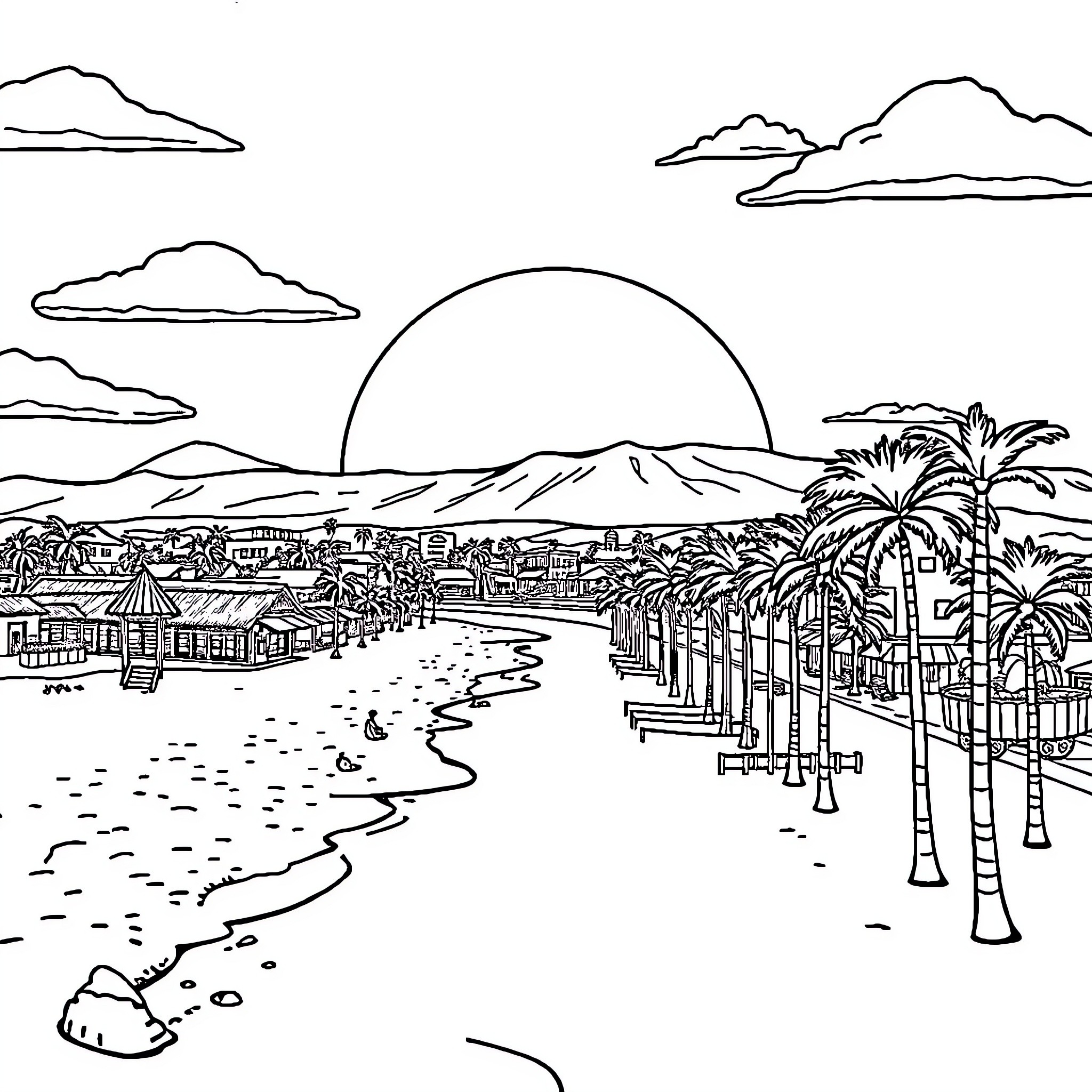 Ventura coastal town scene with palm trees and sunset Coloring Page (free black-and-white line drawing printable PDF for all, from beginners to advanced learners, including children, teens, adults, and seniors)