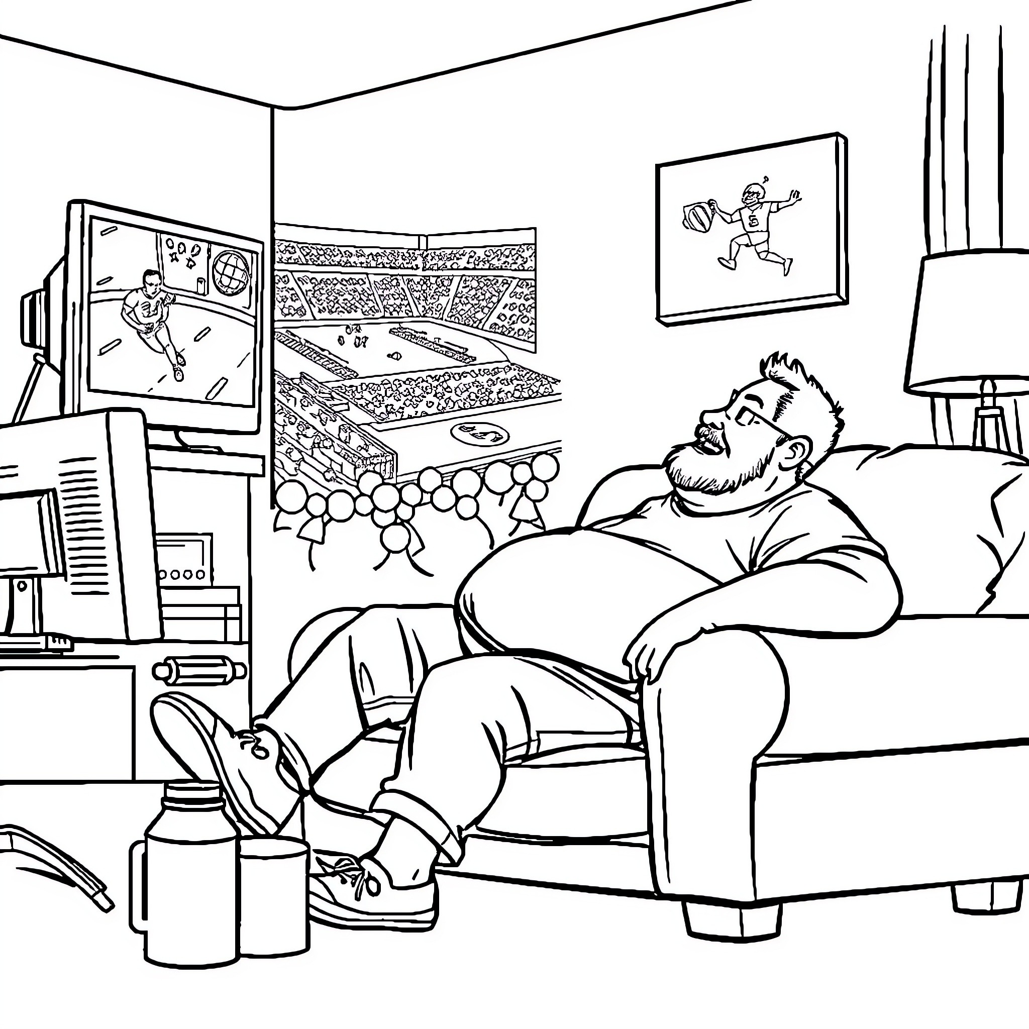Dad enjoying sports game while relaxing at home Coloring Page (free black-and-white line drawing printable PDF for all, from beginners to advanced learners, including children, teens, adults, and seniors)