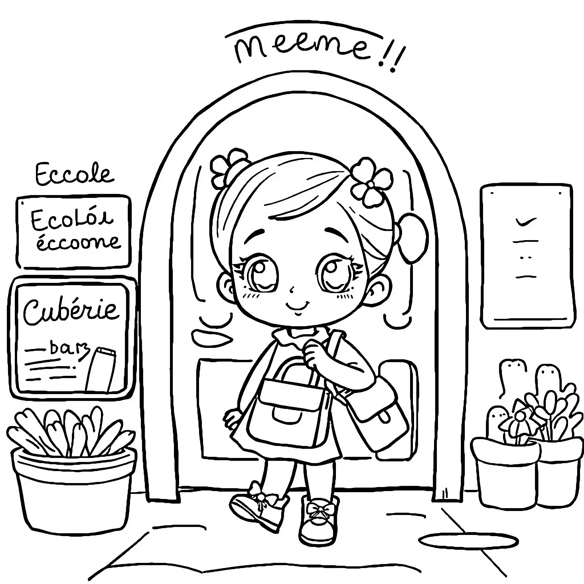 Fillette happily going to school with a backpack Coloring Page (free black-and-white line drawing printable PDF for all, from beginners to advanced learners, including children, teens, adults, and seniors)