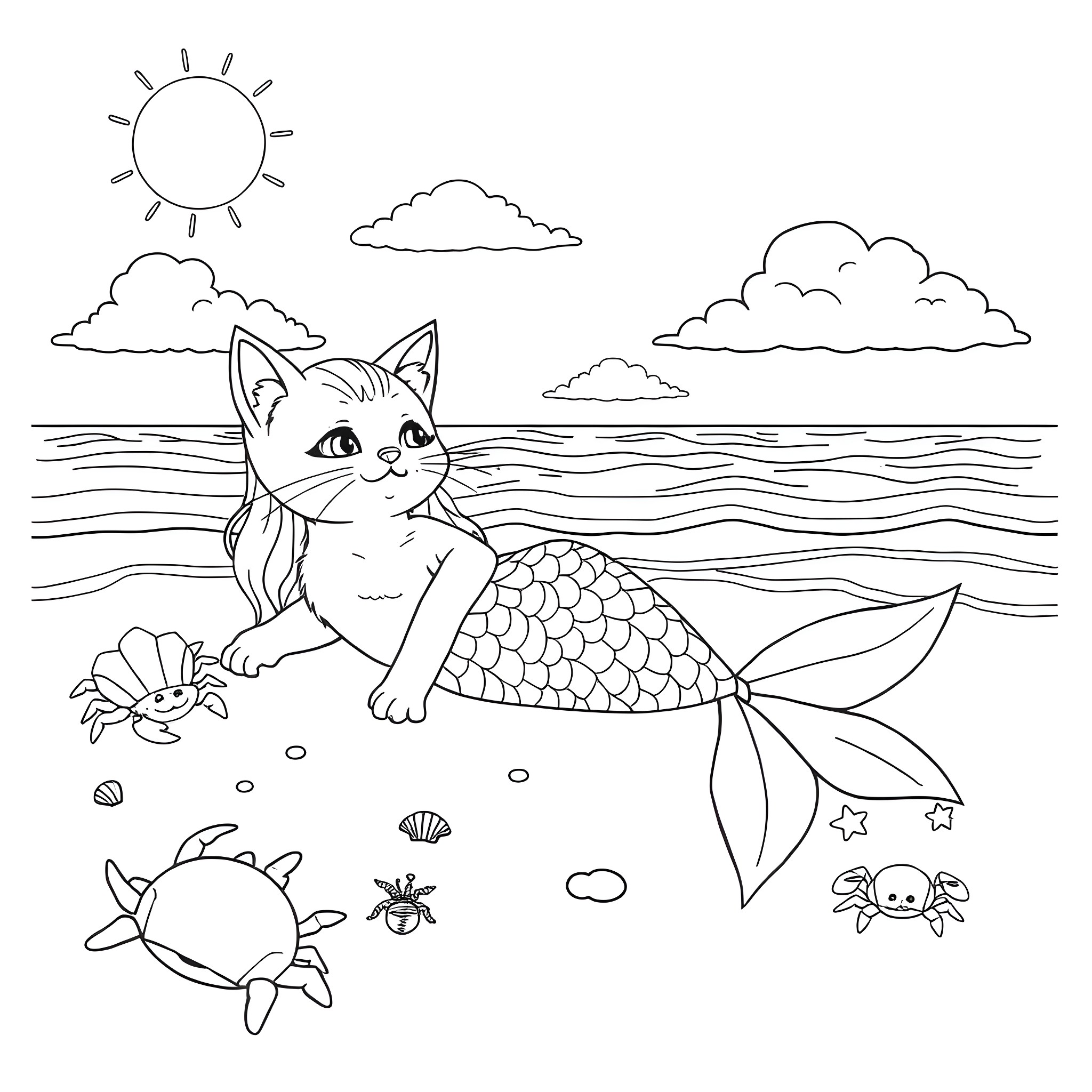 Mermaid Kitty playing in the ocean Coloring Page (free black-and-white line drawing printable PDF for all, from beginners to advanced learners, including children, teens, adults, and seniors)