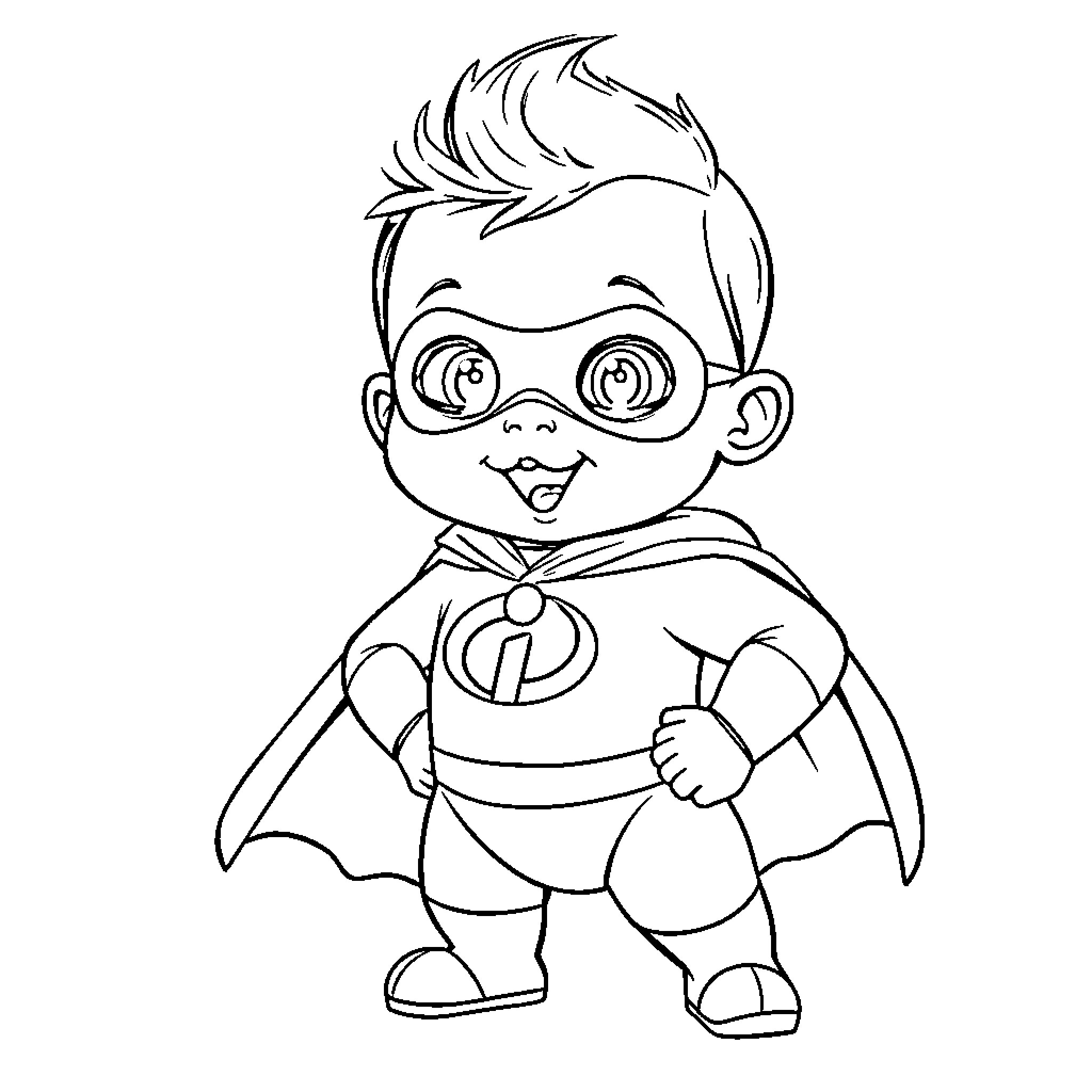 Baby superhero in action pose Coloring Page (free black-and-white line drawing printable PDF for all, from beginners to advanced learners, including children, teens, adults, and seniors)