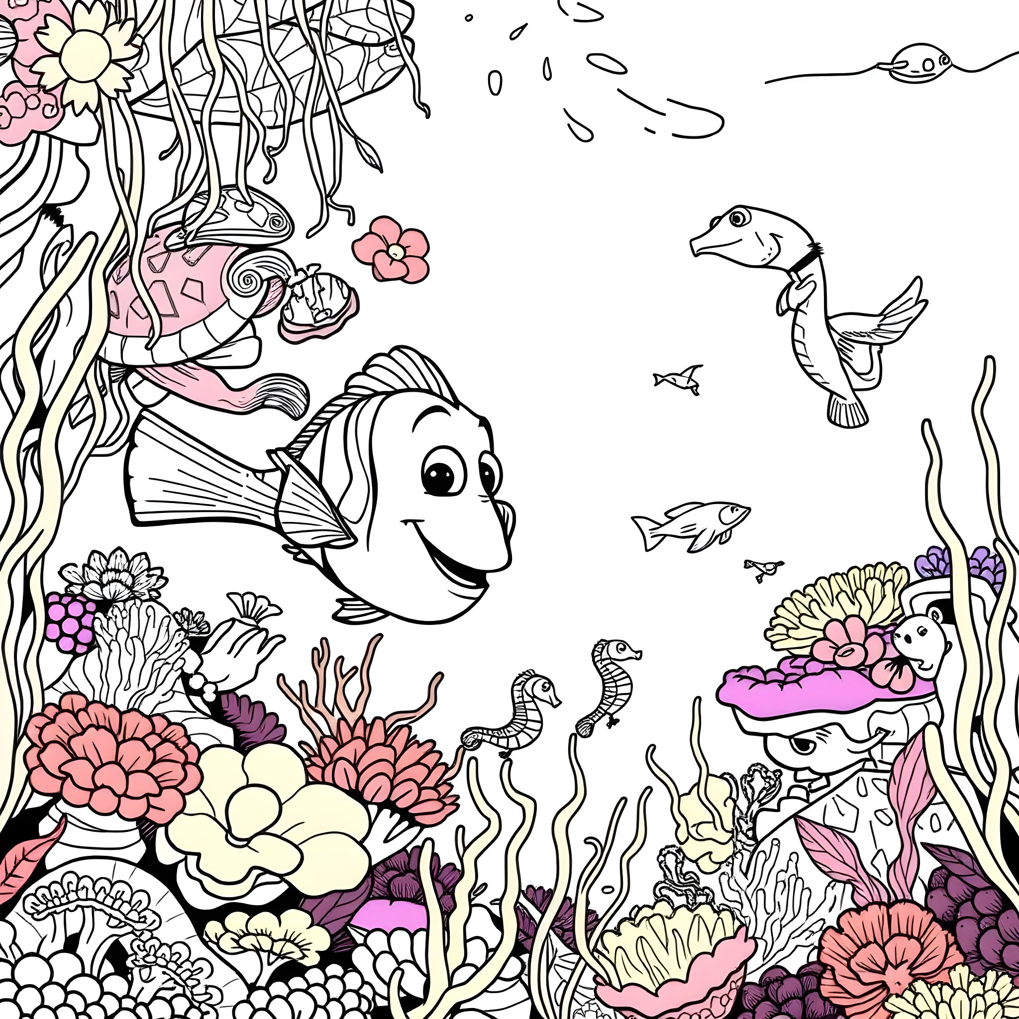 Nemo exploring the vibrant underwater world Coloring Page (free black-and-white line drawing printable PDF for all, from beginners to advanced learners, including children, teens, adults, and seniors)