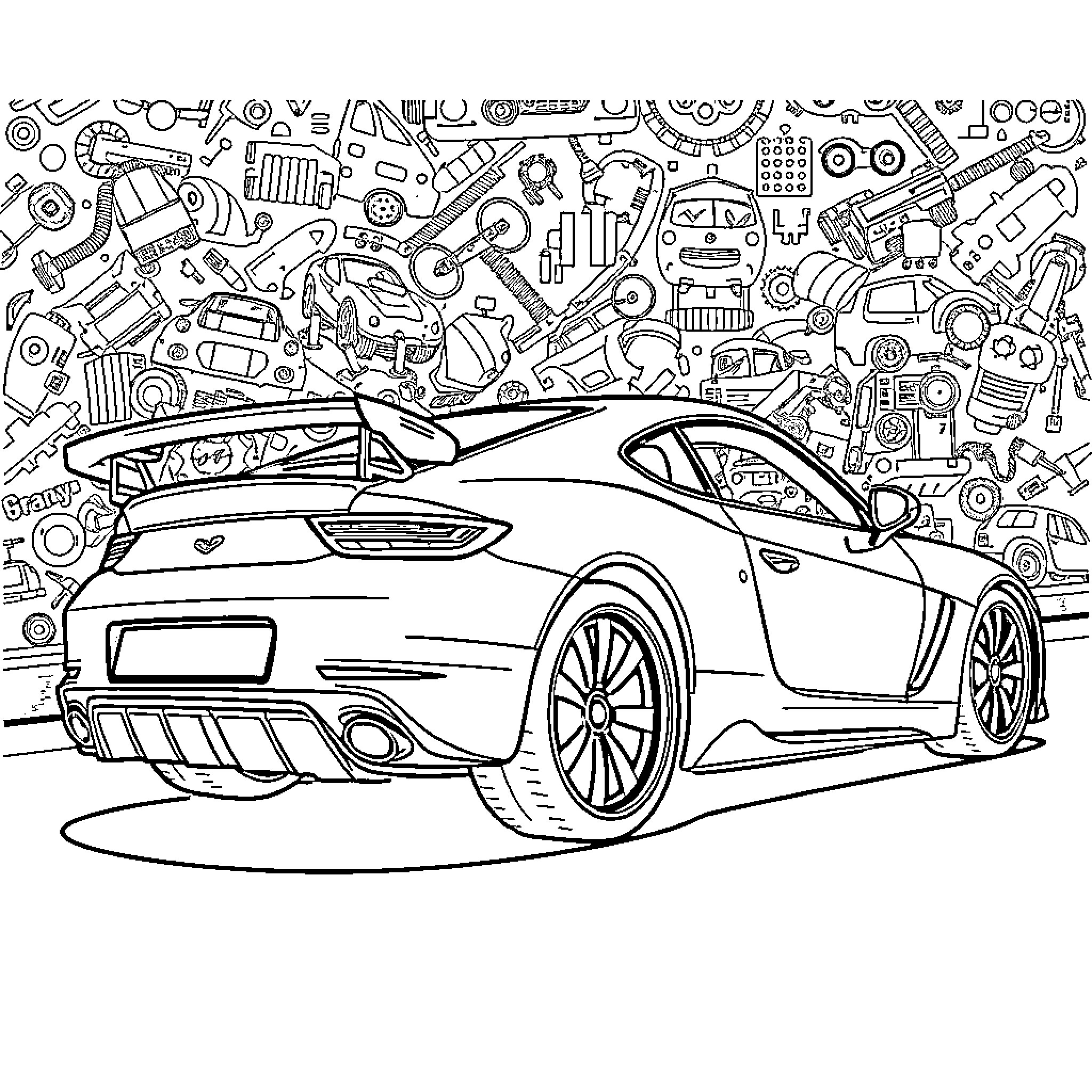 Auto Enthusiast's Dream: Sporty Car Amid Automotive Illustrations Coloring Page (free black-and-white line drawing printable PDF for all, from beginners to advanced learners, including children, teens, adults, and seniors)