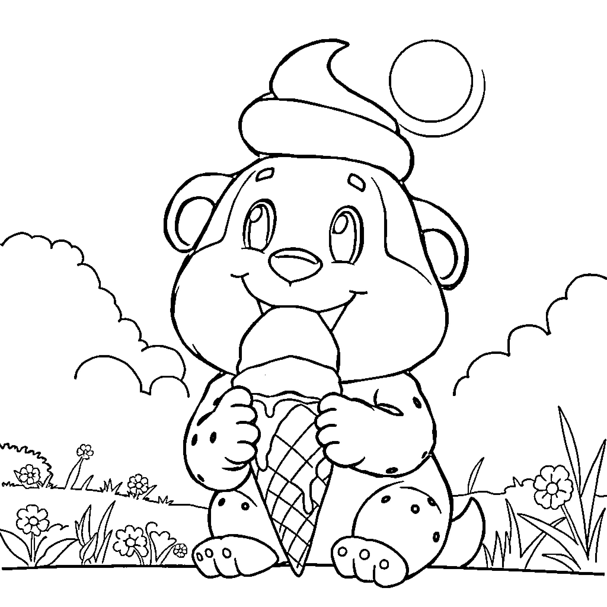 Chimuo enjoying an ice cream on a sunny day Coloring Page (free black-and-white line drawing printable PDF for all, from beginners to advanced learners, including children, teens, adults, and seniors)