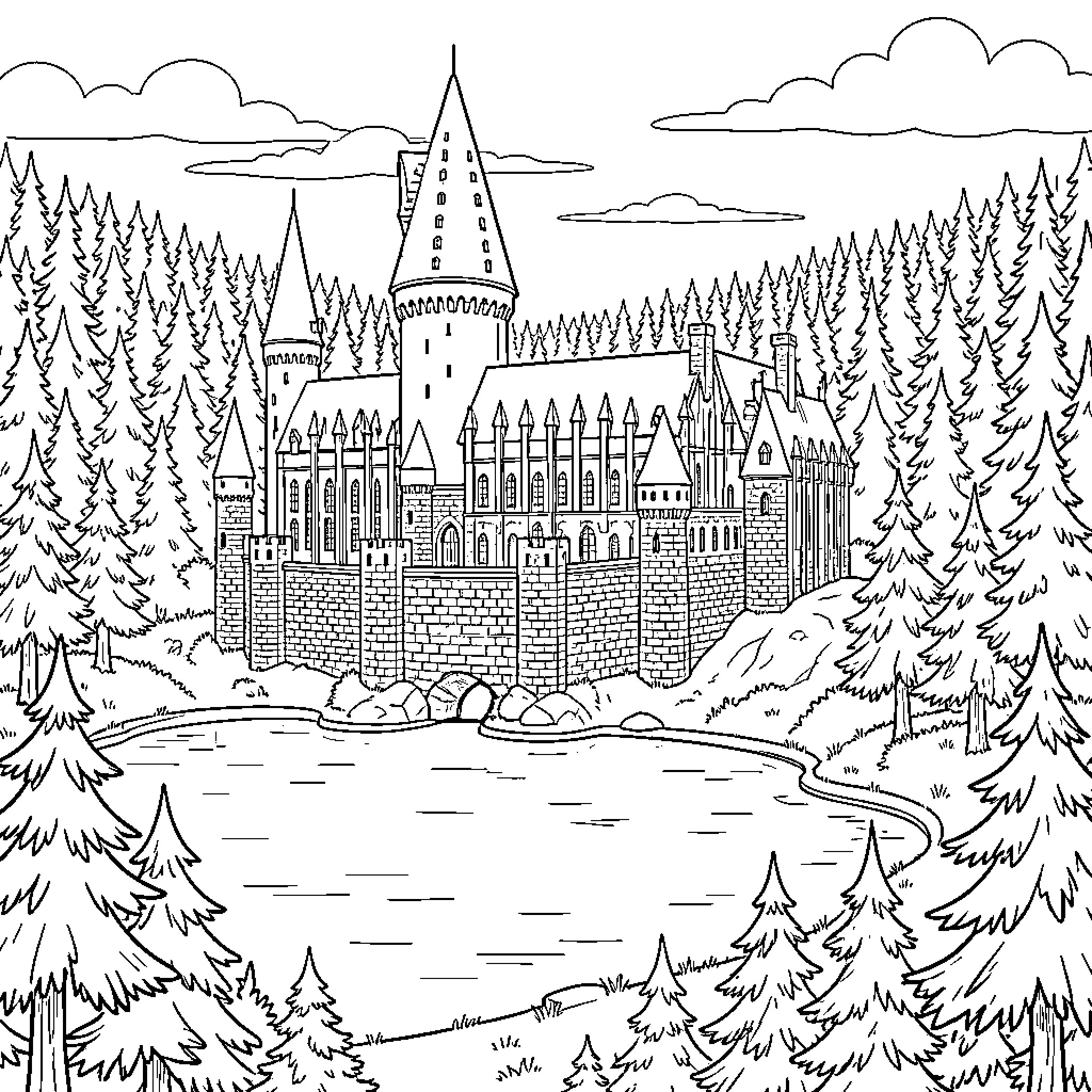 Hogwarts castle standing amidst a dense forest landscape Coloring Page (free black-and-white line drawing printable PDF for all, from beginners to advanced learners, including children, teens, adults, and seniors)