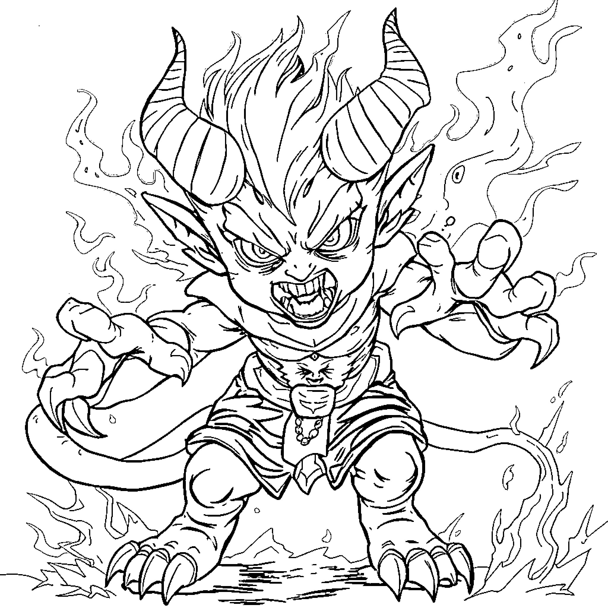 Saja Boy's Demonic Transformation Coloring Page (free black-and-white line drawing printable PDF for all, from beginners to advanced learners, including children, teens, adults, and seniors)