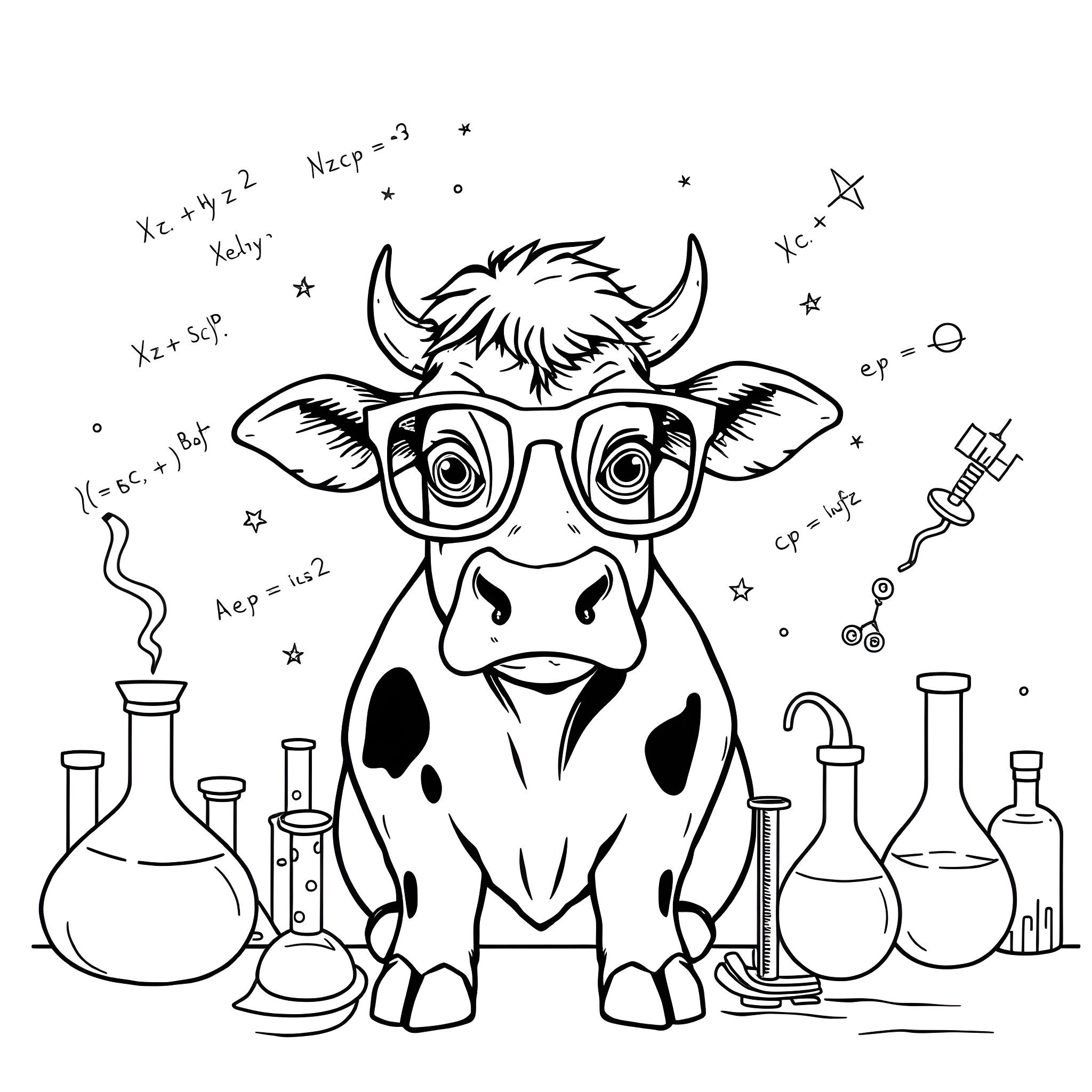 Cow in lab coat with scientific equipment Coloring Page (free black-and-white line drawing printable PDF for all, from beginners to advanced learners, including children, teens, adults, and seniors)