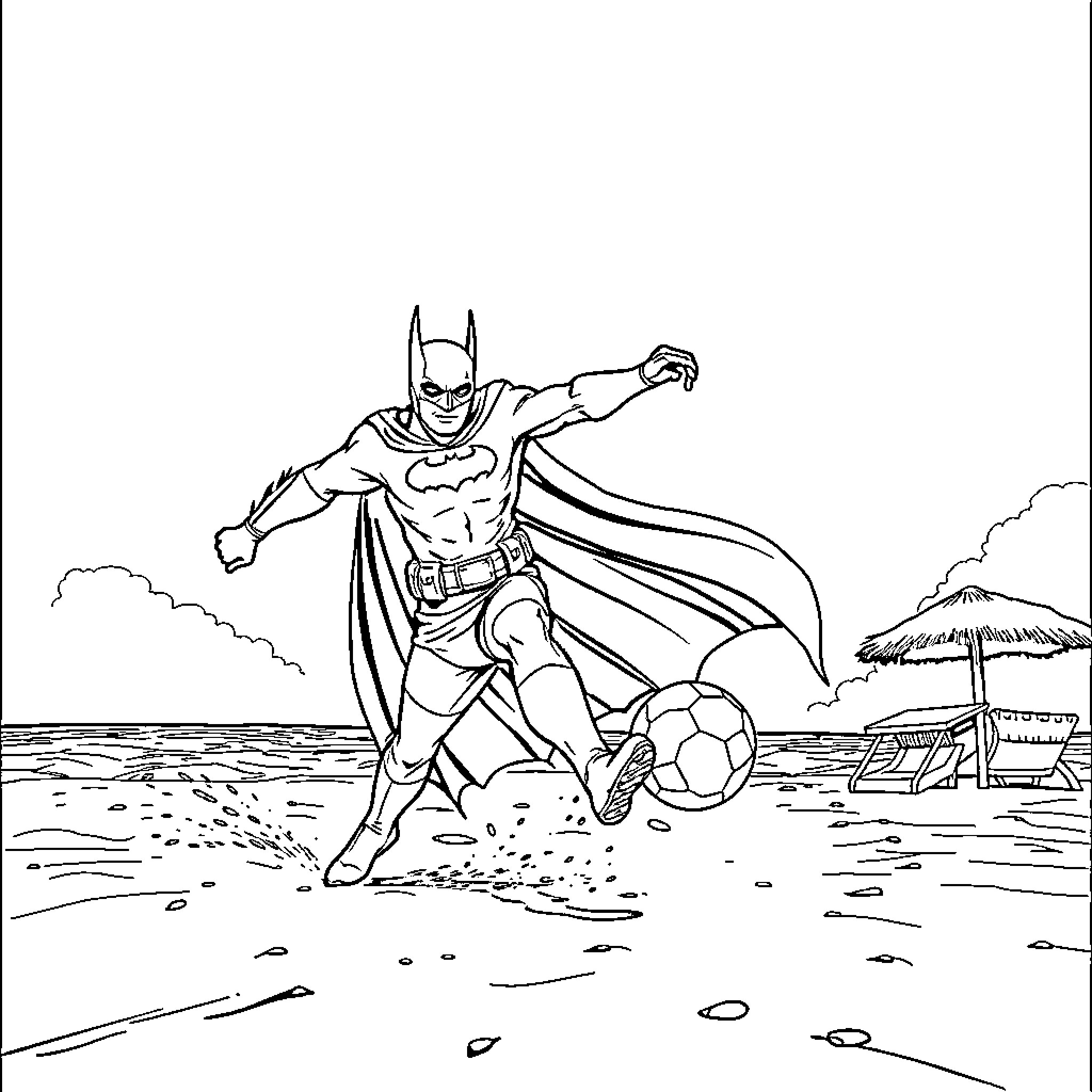 Batman playing soccer on the beach Coloring Page (free black-and-white line drawing printable PDF for all, from beginners to advanced learners, including children, teens, adults, and seniors)