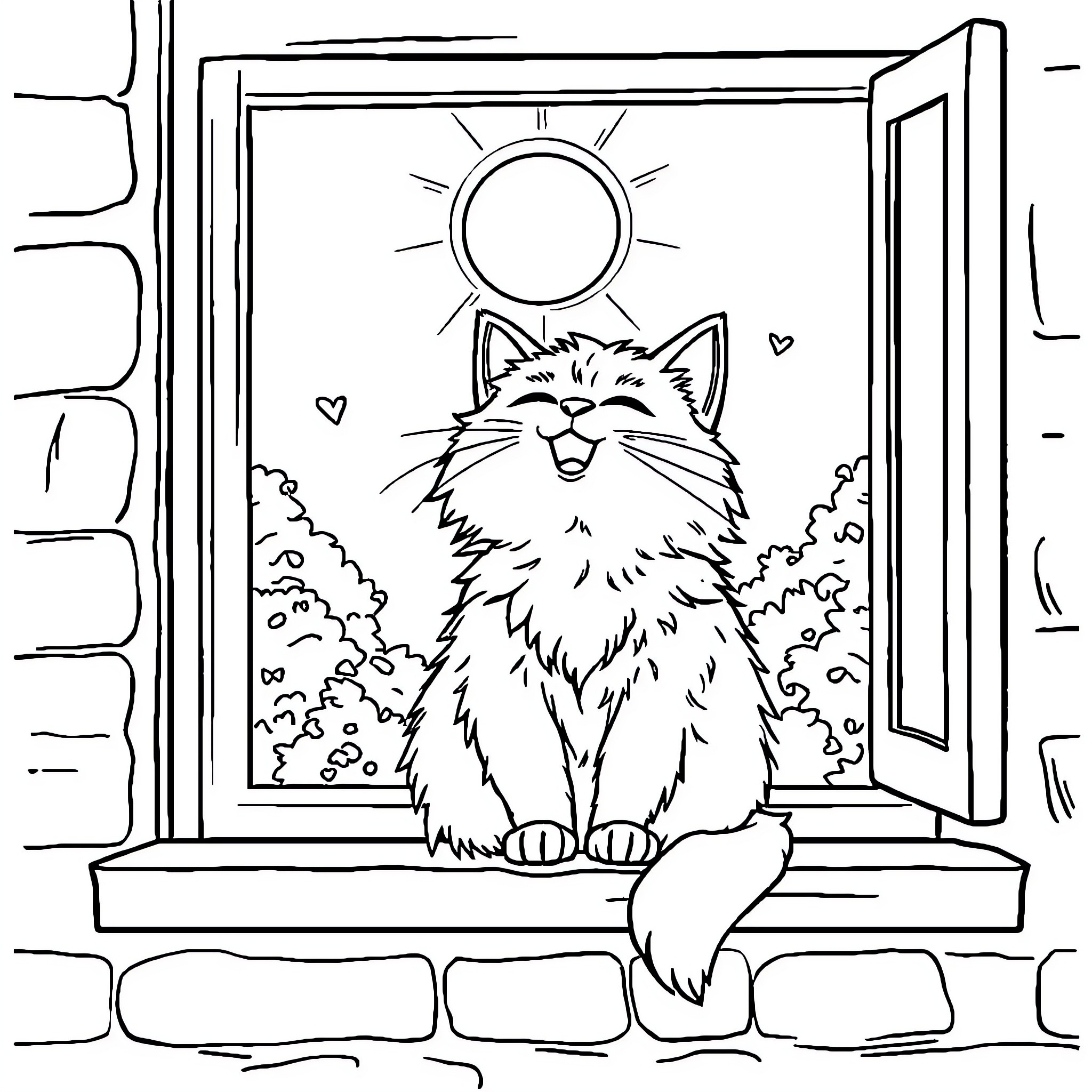 Cat relaxing in the window Coloring Page (free black-and-white line drawing printable PDF for all, from beginners to advanced learners, including children, teens, adults, and seniors)